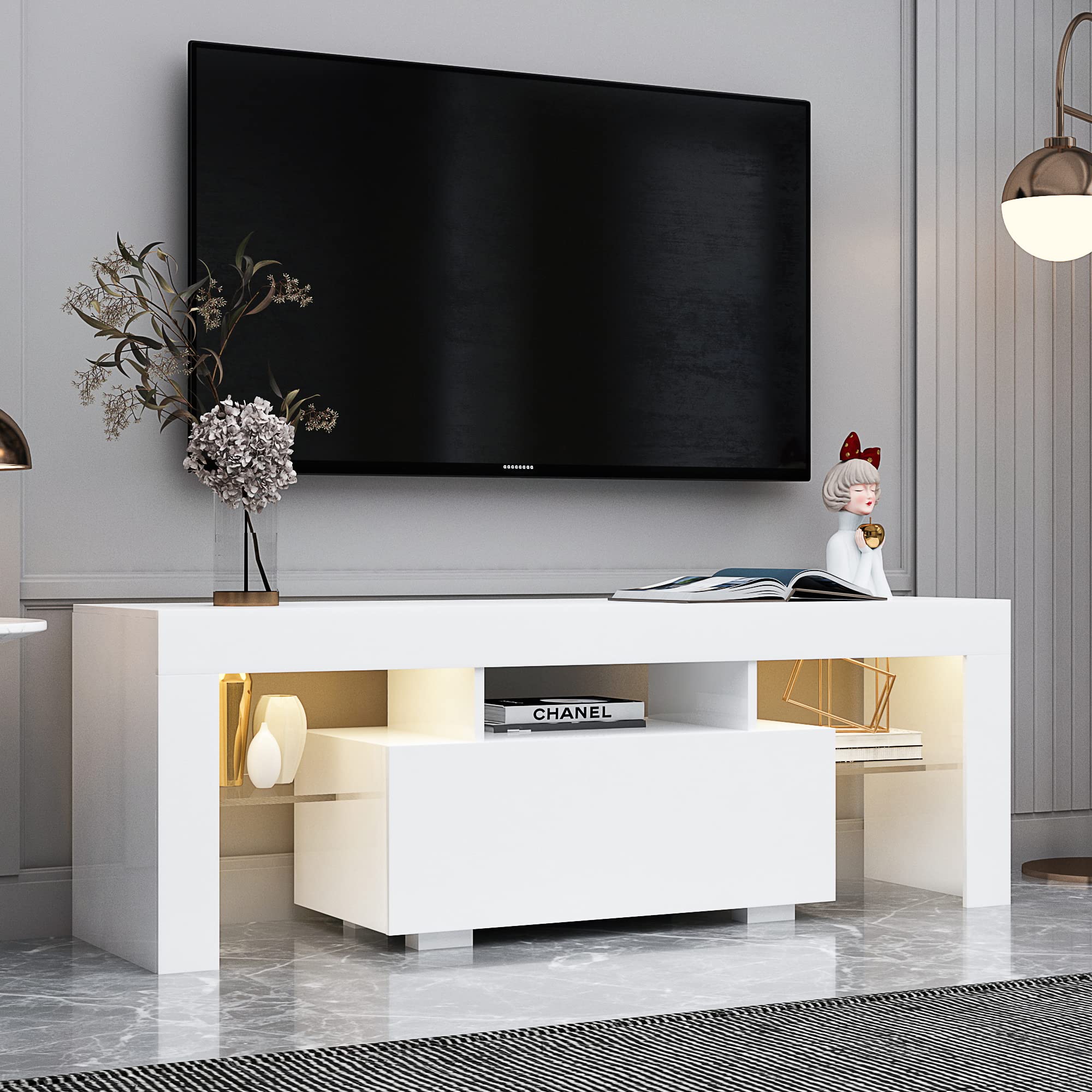 Modern TV Stand with LED Lights & Storage Drawer for 40-60 Inch TVs - Clear Glass Shelf Entertainment Center Console Table for Living Room, Bedroom & Lounge - Perfect for Movie Nights & Home Theater Setup