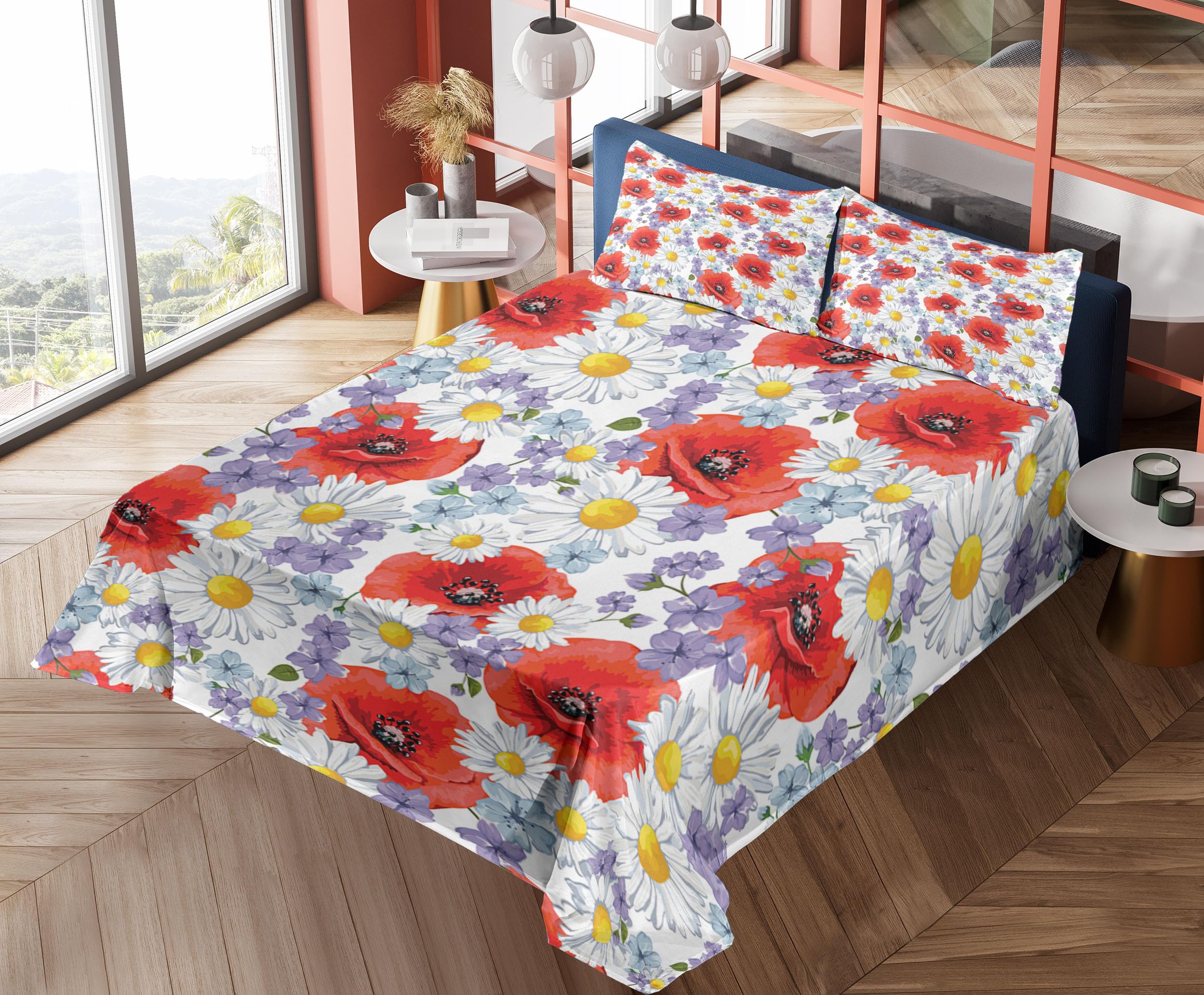 Ambesonne Floral Bedding Set - 4 Piece King Size with Purple Poppy & Daisy Wildflowers Design, Fitted & Flat Sheets + Pillowcases - Lavender & Scarlet Summer Nature Theme | Perfect for Guest Rooms, Master Bedrooms & Bohemian Home Decor