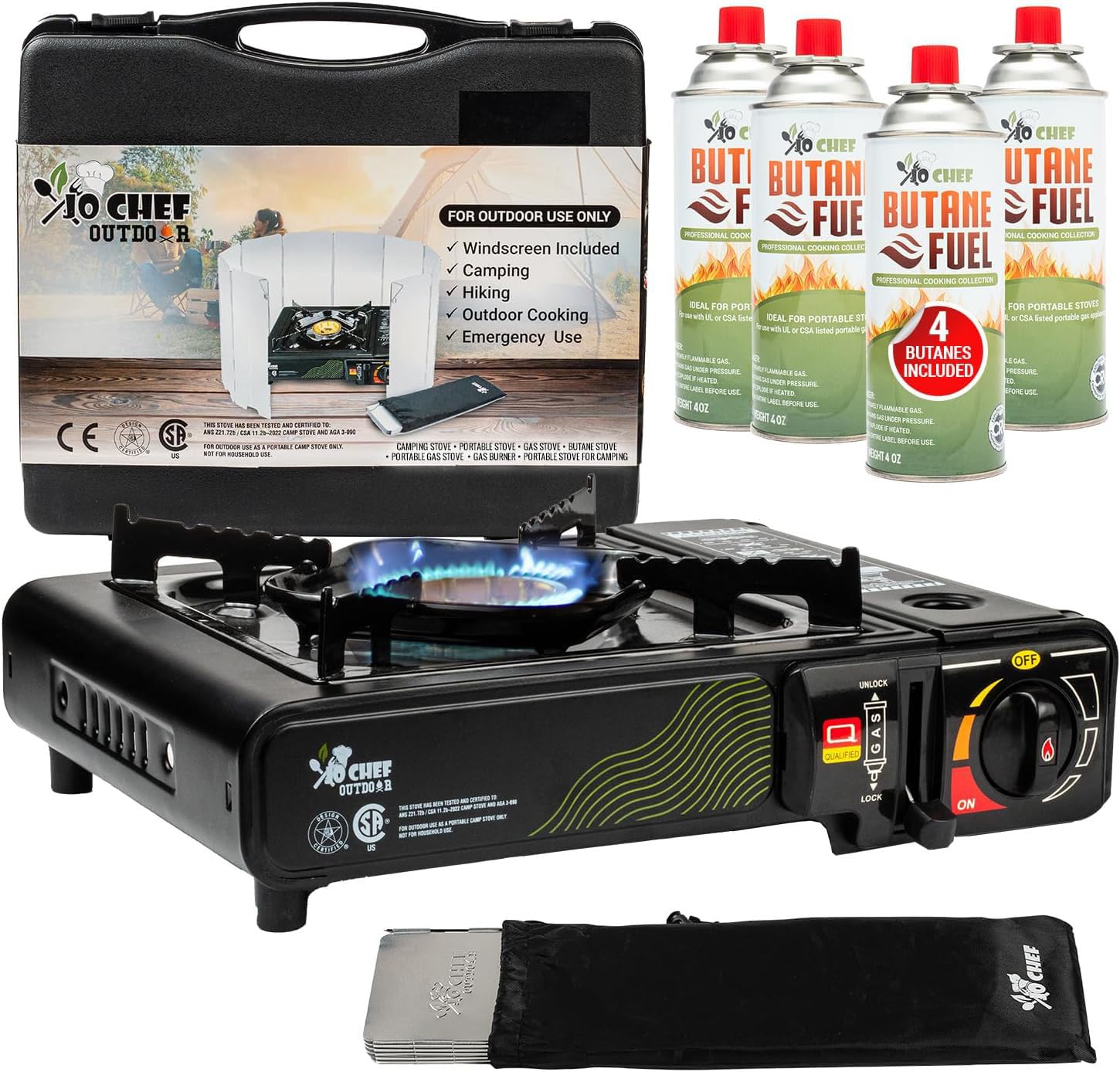 JoChef 9,500 BTU Portable Butane Camping Stove - Compact Gas Burner for Outdoor Cooking, Backpacking, Picnics & Emergency Preparedness