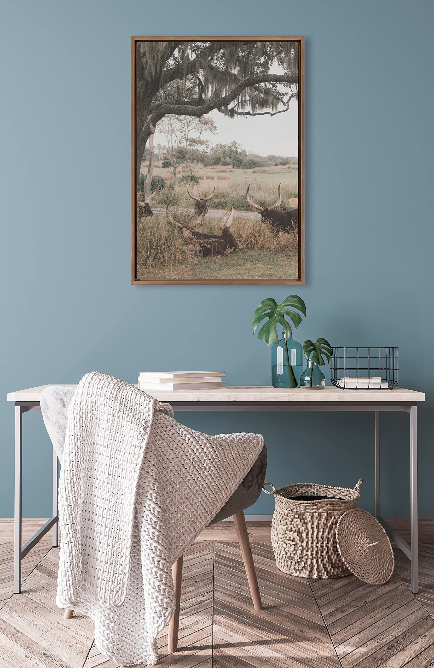 Kate & Laurel Sylvie Longhorns Framed Canvas Wall Art by Alicia Abla - 23x33 Inches Gold Modern Farmhouse Decor - Perfect for Living Room, Bedroom & Office Wall Decorations