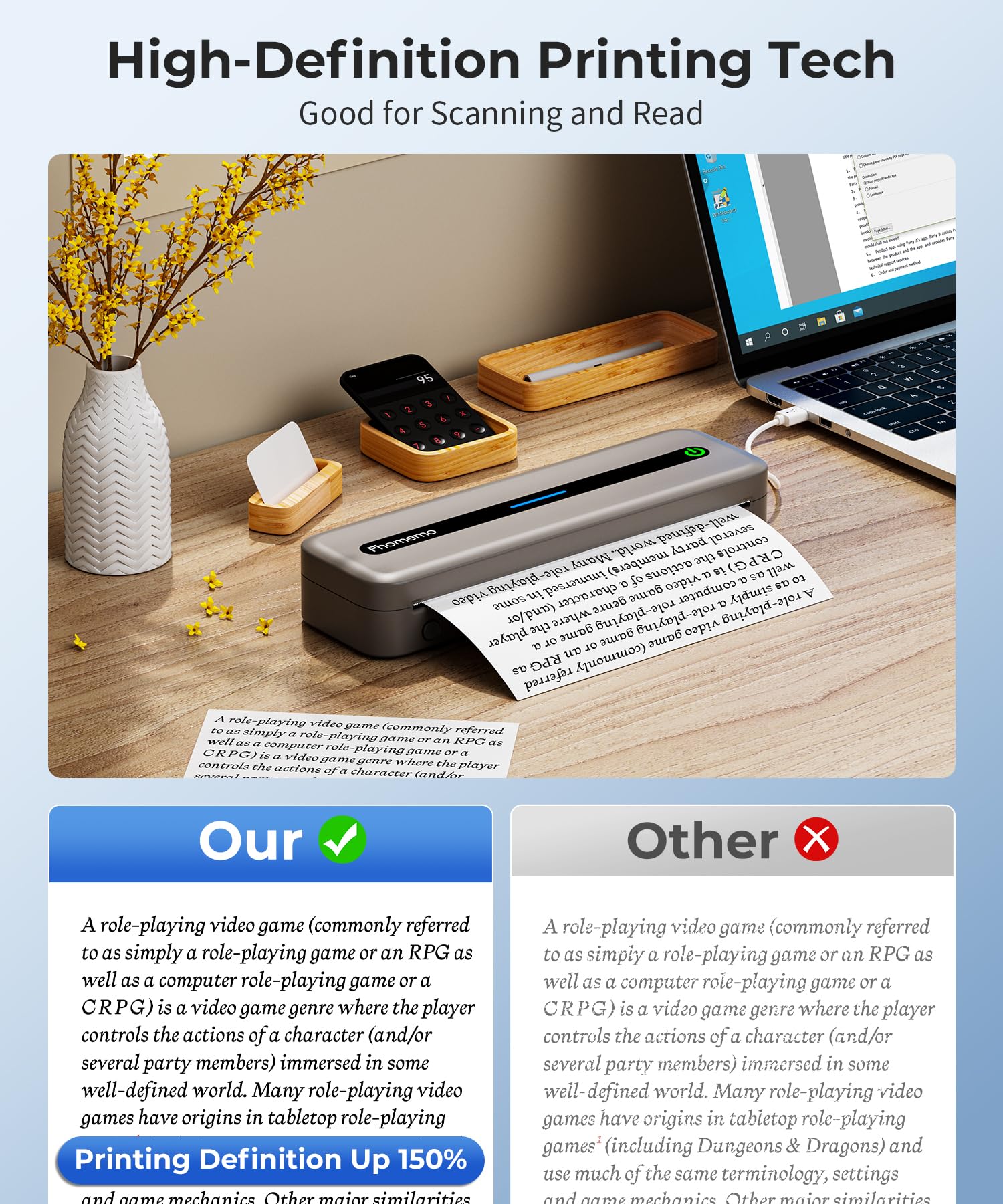 Phomemo M832 Portable Bluetooth Thermal Printer - Inkless Wireless Mini Printer with 4 Rolls Thermal Paper, Compatible with iPhone Android Smartphones & Laptop - Perfect for Travel, Home Office, Label Printing, Receipts & DIY Projects