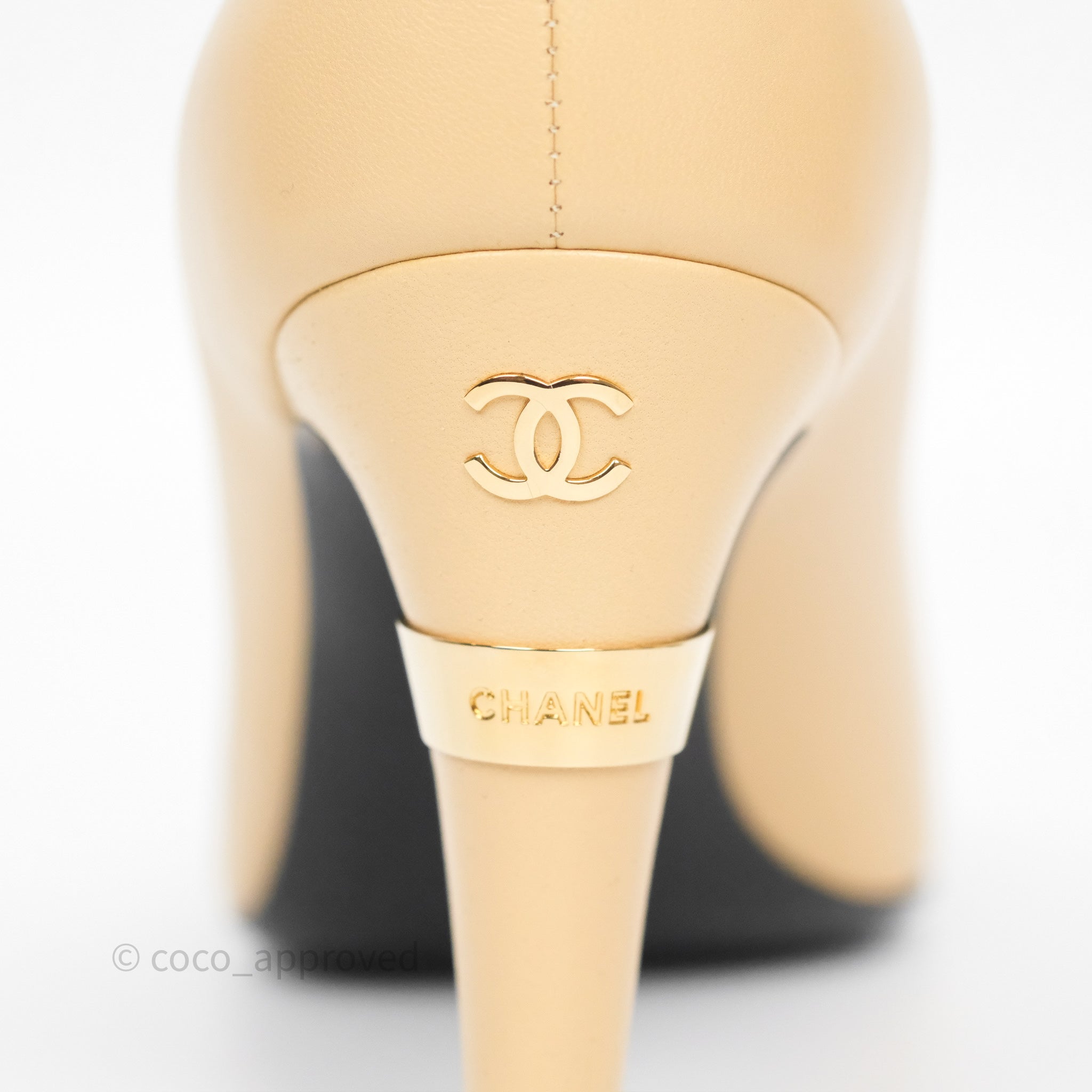 Chanel Beige Pointed Toe Black Pumps with Pearl Accent - Size 36.5C (US 6.5) - Luxury High Heels for Women, Perfect for Weddings, Parties & Formal Events