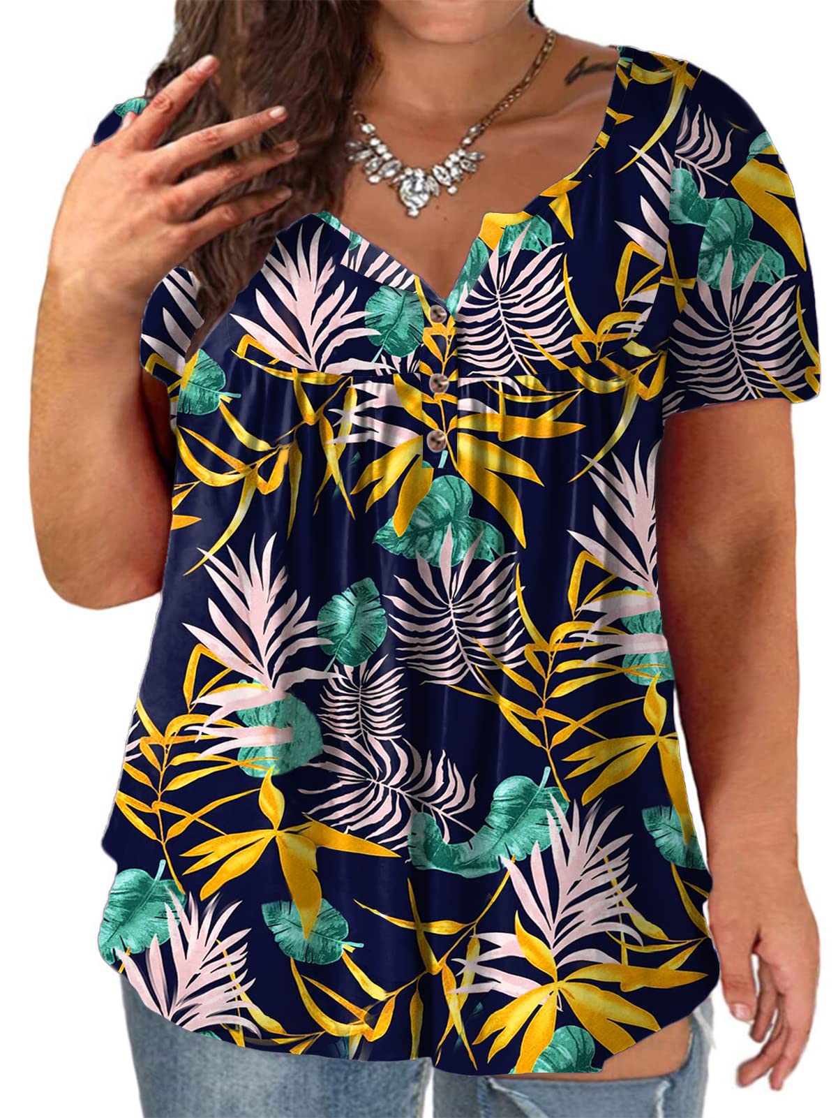 Plus Size Women's Summer Henley Shirts - Flowy Tunic Tops & Tees for Casual Wear, Beach Outfits & Everyday Comfort