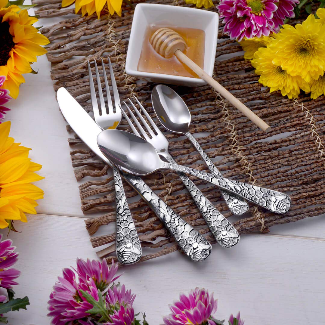 Liberty Tabletop Honey Bee 65-Piece Flatware Set - Service for 12 - Premium 18/10 Stainless Steel Silverware Set - Made in USA - Perfect for Dinner Parties, Weddings & Everyday Dining
