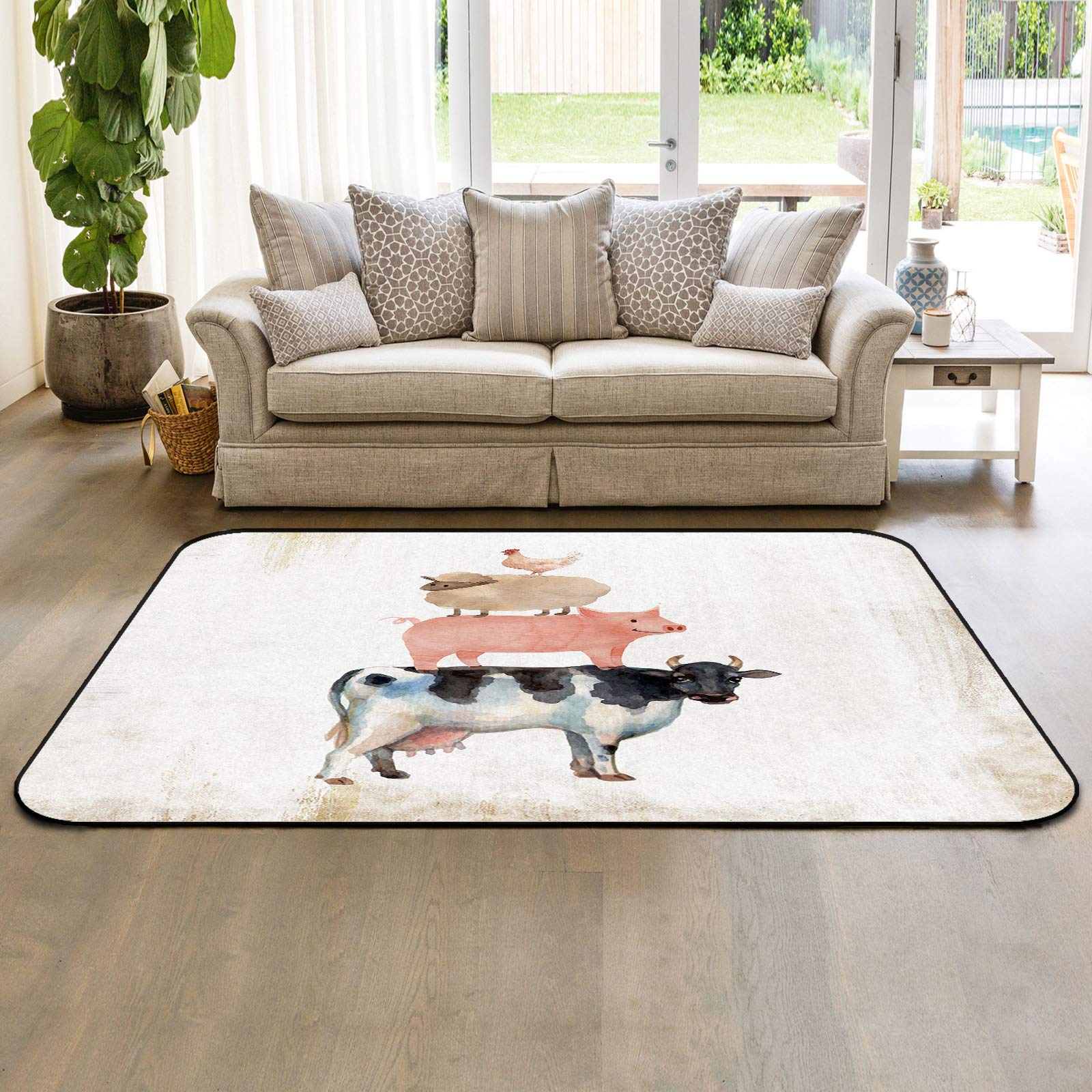 Farmhouse Washable Non-Skid Area Rug 4'x6' - Watercolor Farm Animals Design (Cow, Pig, Chicken) for Bedroom, Nursery, Living Room Decor - Perfect for Kids' Play Area & Cozy Home Spaces
