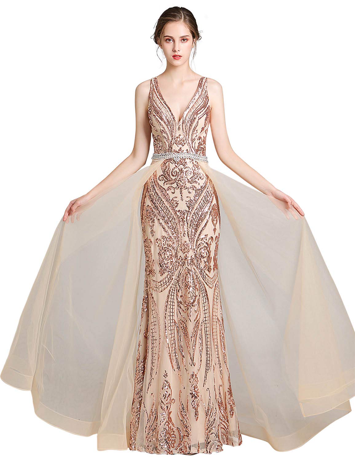 Sarahbridal Luxury Beaded Sequin Evening Gown - Elegant Tulle Applique Embroidery Prom Dress for Women 2024 | Perfect for Formal Events, Weddings & Red Carpet Occasions