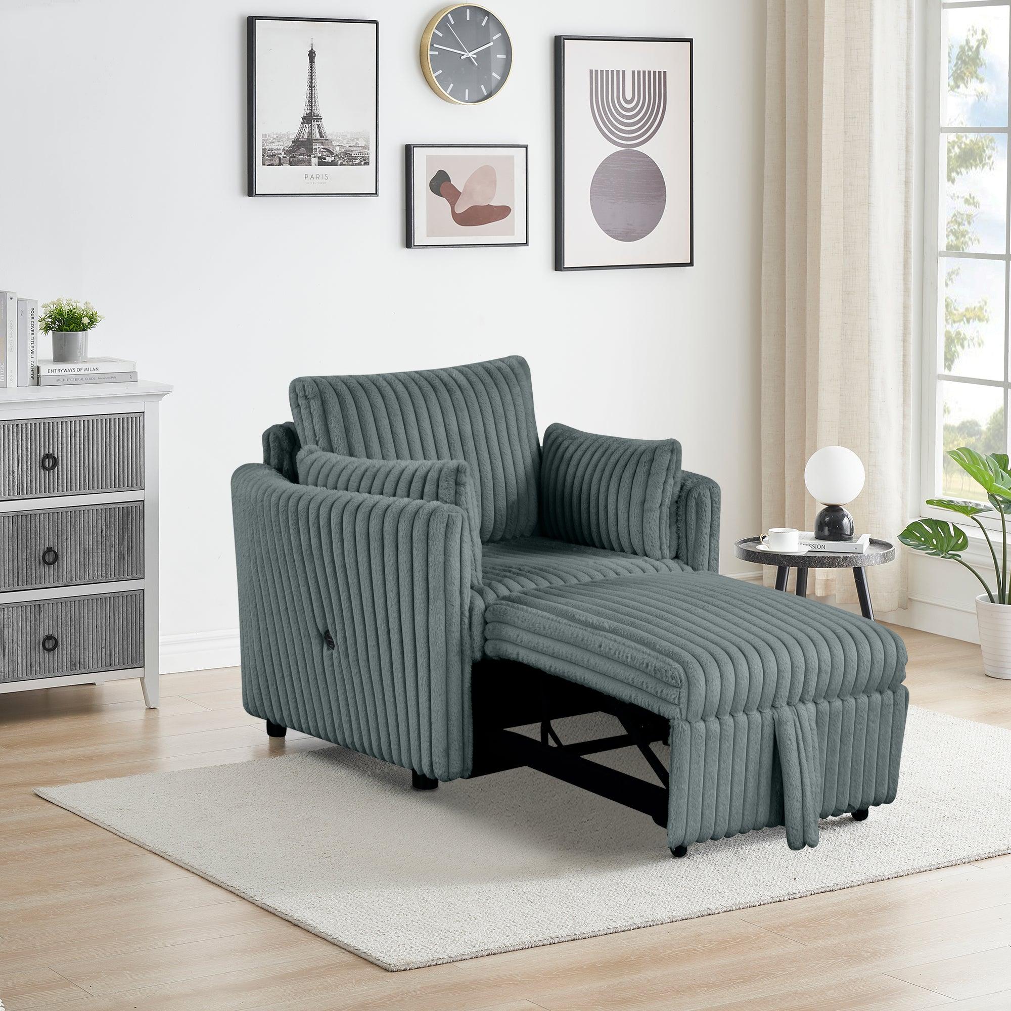 Dark Gray Faux Fur Oversized Convertible Sleeper Sectional Sofa with USB Charging Ports - 3-in-1 Couch, Daybed & Pull-Out Chair with 2 Pillows - Modern Living Room Furniture for Small Spaces, Apartments & Home Theater Lounging