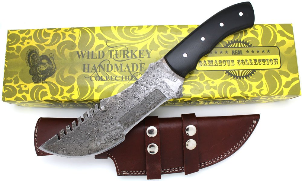 Wild Turkey Damascus Steel Hunting Knife with Leather Sheath for Camping Fishing