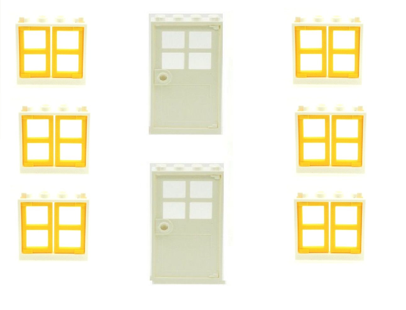 LEGO 6 White Window Frames with Yellow Panels & 2 White Doors - Building Blocks for DIY House Models, Dollhouse Accessories, and Creative Play Scenes