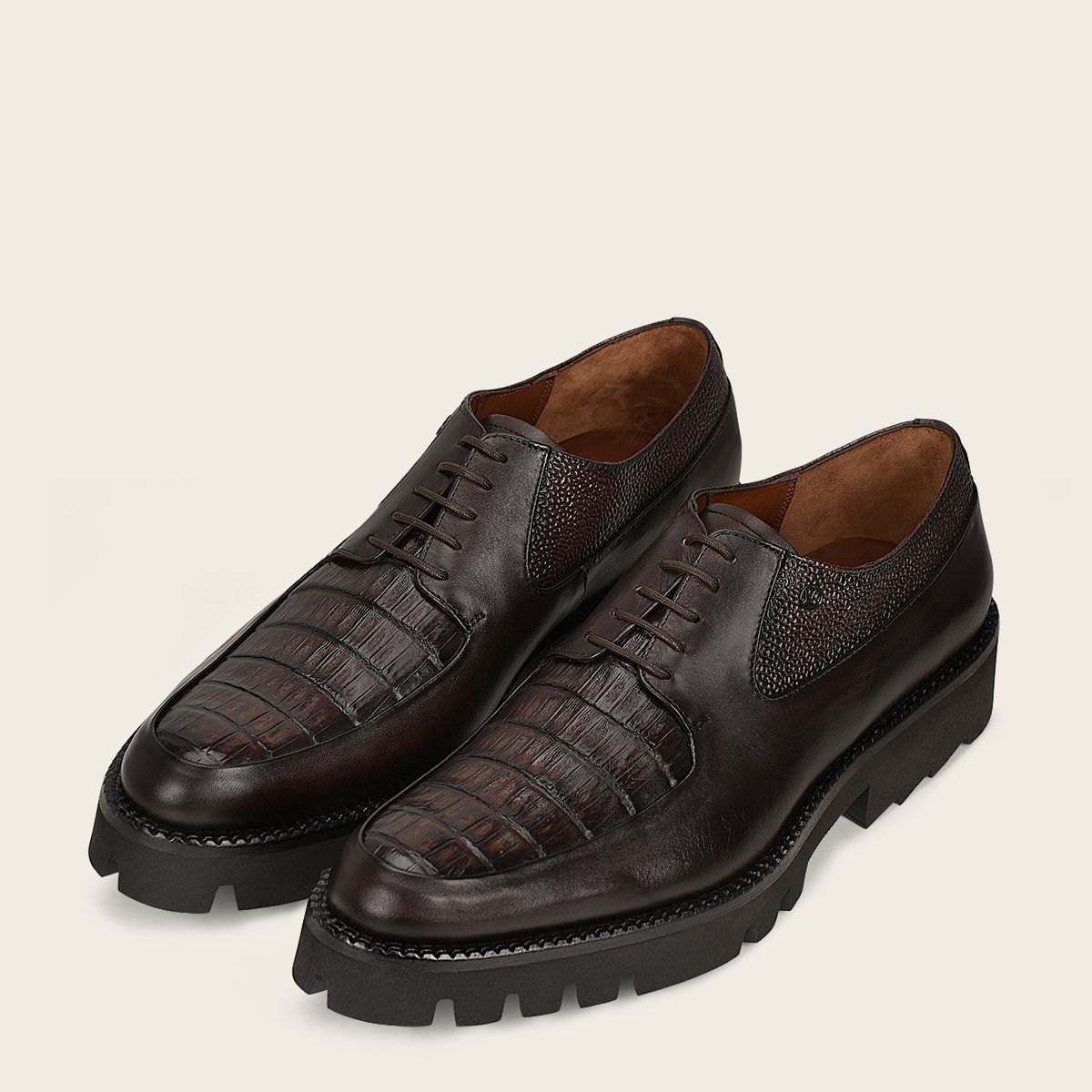 Franco Cuadra Men's Brown Casual Caiman Leather Platform Derby Shoes - Stylish & Comfortable for Work, Office, and Everyday Wear