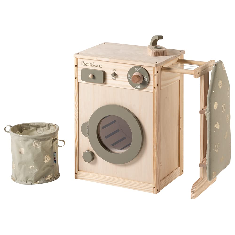 HOWA 48142 Wooden Washing Machine Toy for Kids with Clothesline, Ironing Board, Laundry Basket & Toy Iron - Pretend Play, Role Play, Early Learning & Montessori Activities