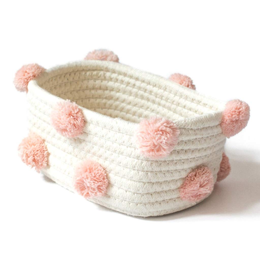 WSZJJ Cotton Woven Storage Basket with Pompom Decor - Pink Organizer Box for Cosmetics, Toys & Sundries | Nordic Style Home Organization for Bedroom, Bathroom & Nursery