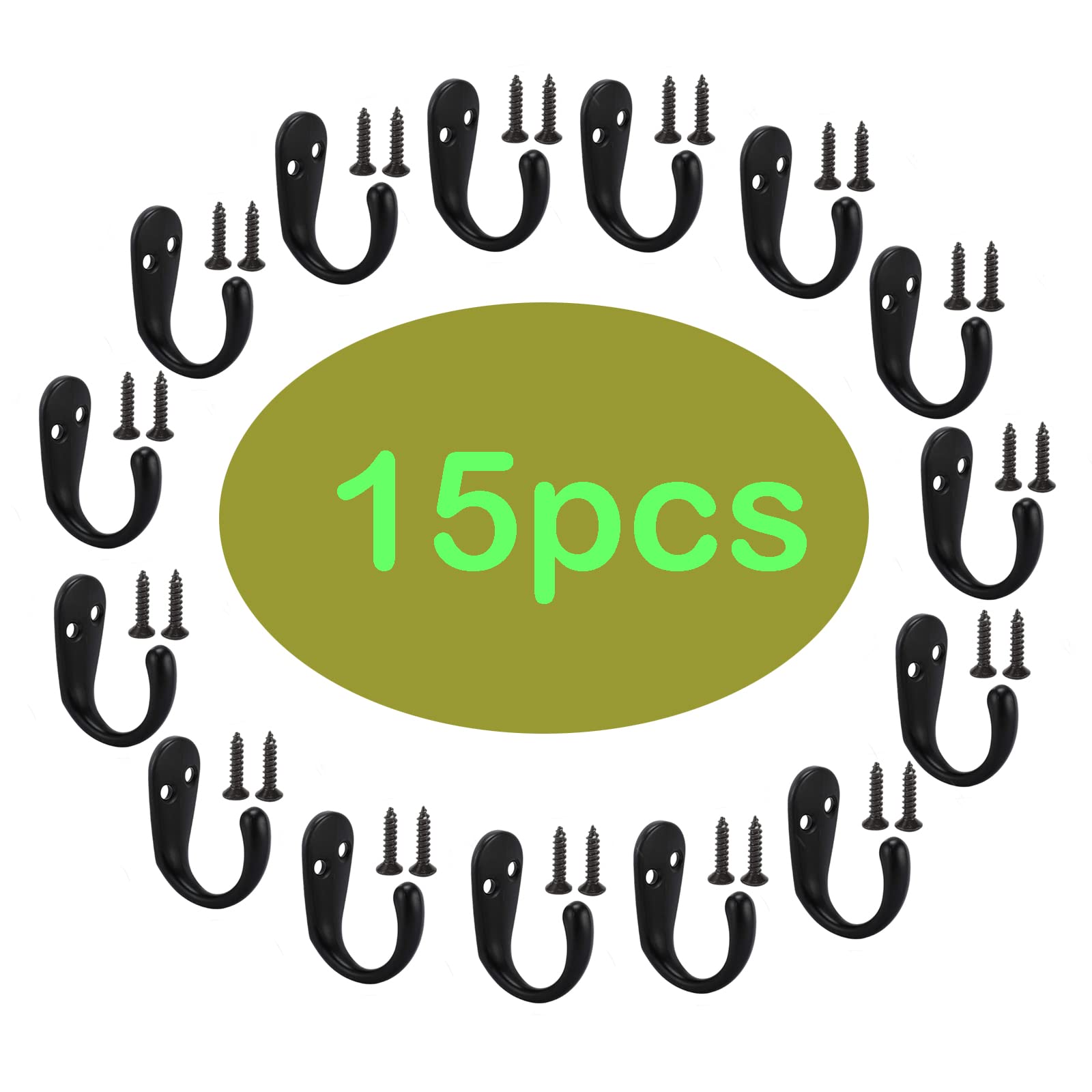 SOEAEODG 15-Piece Black Wall Mounted Coat Hooks - Heavy Duty Robe & Towel Hangers for Bathroom, Kitchen, Garage - Includes 30 Screws (Flat Black) | Perfect for Organizing Coats, Hats & Accessories in Home & Office