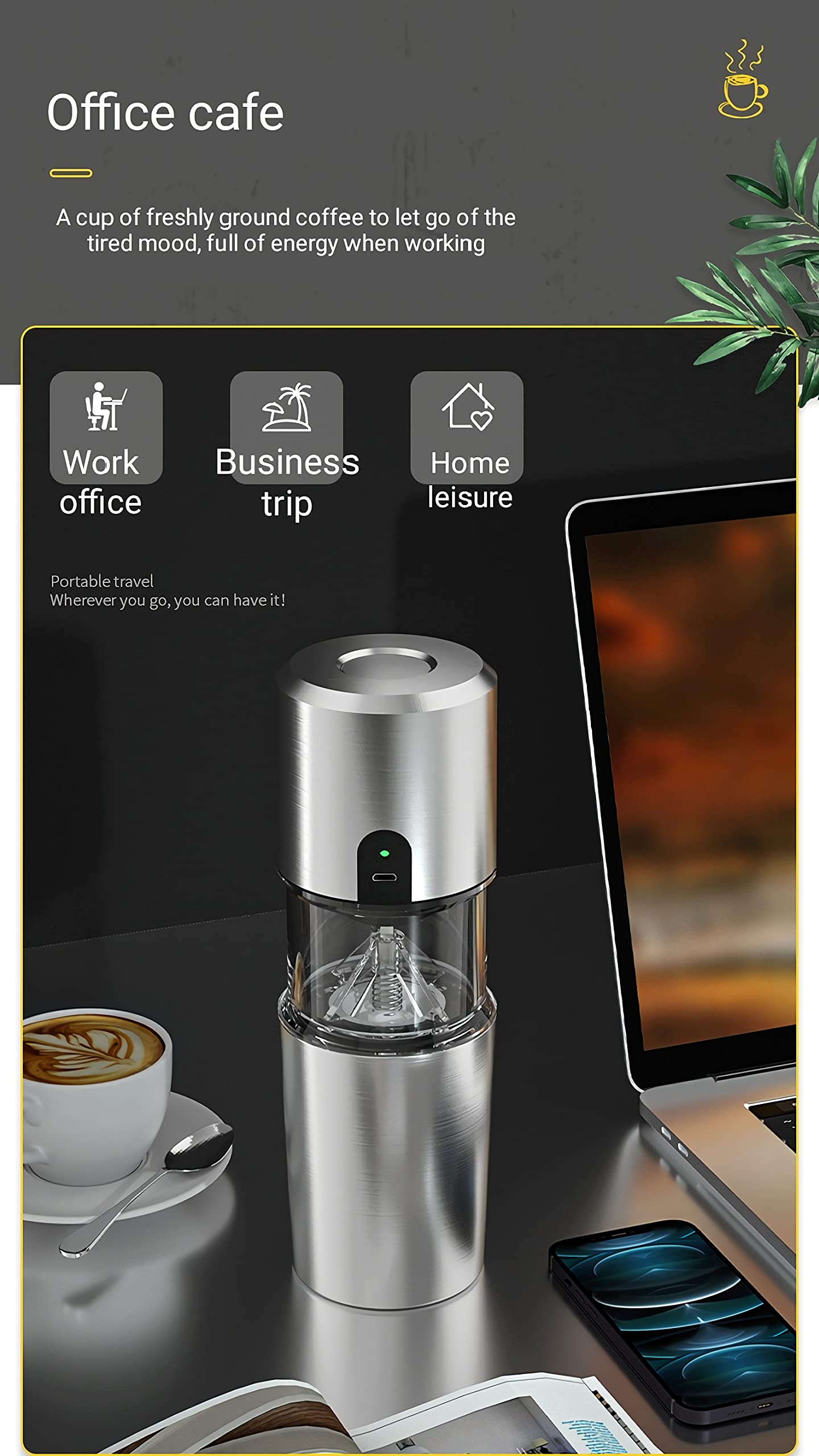Rechargeable Portable Coffee Maker with Electric Grinder - 3-in-1 USB Coffee Machine for Home & Office - Compact Travel Coffee Brewer (2.87x2.87x9 Inches, Silver Gray YX-911) - Perfect for Camping, Dorm Rooms & Small Kitchens