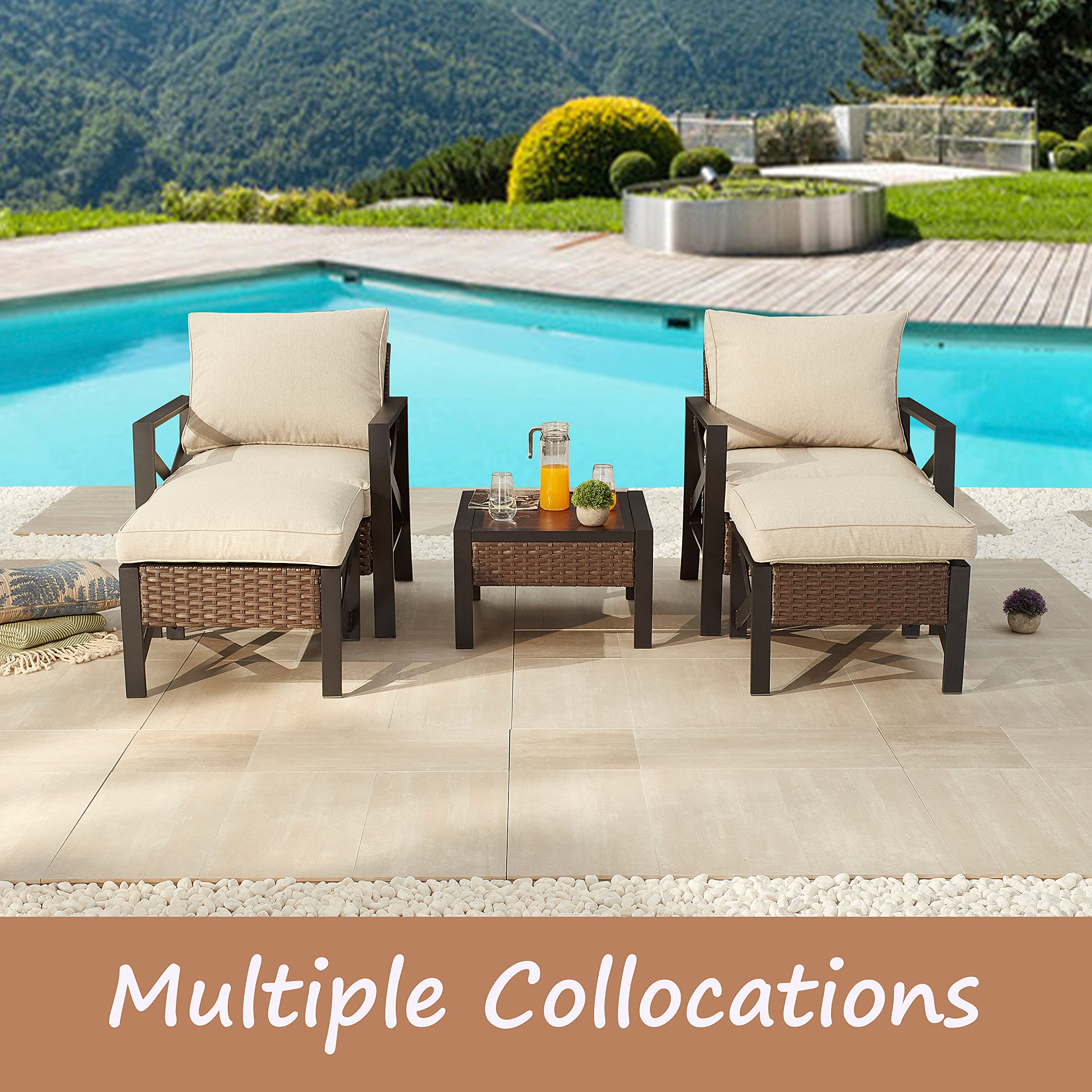 LOKATSE HOME Outdoor Metal Ottoman Patio Rattan Wicker Footstool with Cushion - Brown - Waterproof & Durable Garden Furniture for Poolside, Deck, or Backyard Relaxation