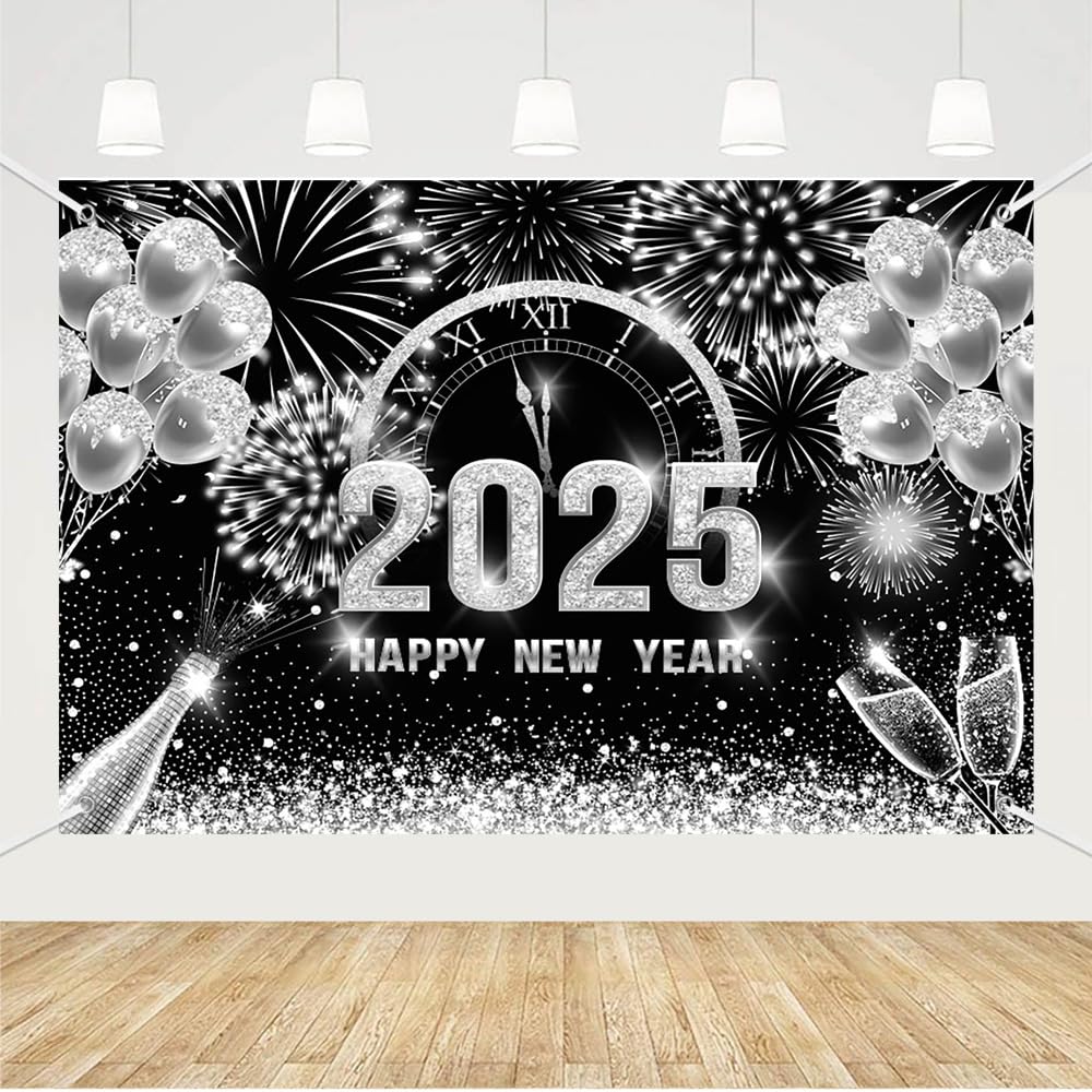 MEHOFOND 7x5ft Black and Silver 2025 Happy New Year Backdrop - Champagne Balloon Fireworks Glitter Dots Photo Booth Props for New Year Eve Party, Home Decor, Social Media Background & Photography Studio Scenes