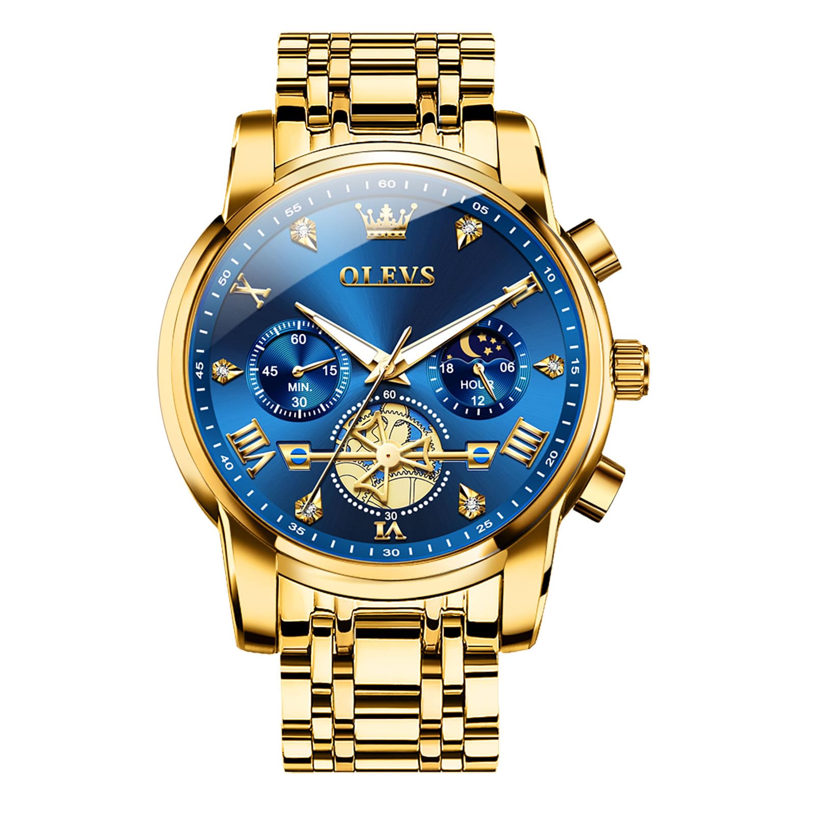 OLEVS Men's Stainless Steel Chronograph Watch - Waterproof Analog Quartz Watch with Diamond Roman Numerals, Gold/Black/White/Blue/Grey Dial - Perfect for Business, Formal Events & Everyday Wear
