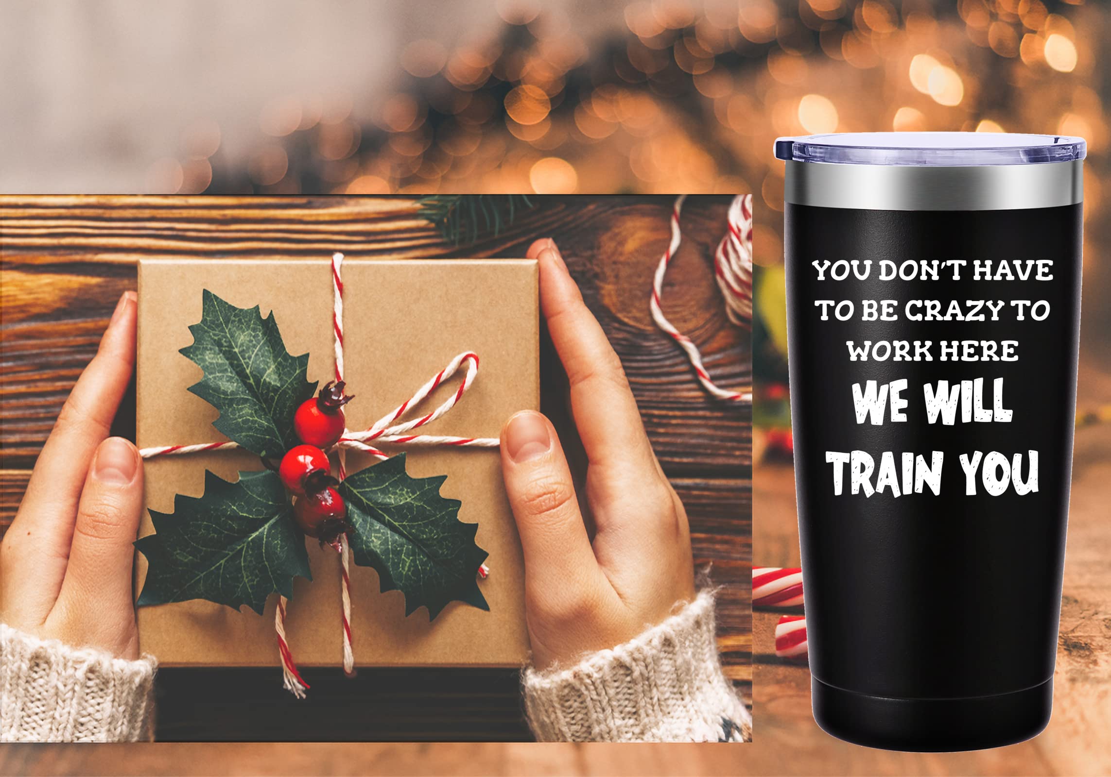 Funny 'You Don't Have To Be Crazy To Work Here' Travel Mug - 20oz Black Insulated Tumbler for Coffee & Tea | Perfect Office Gift for Coworkers, Boss, Employees | Great Birthday & Christmas Gift for Men & Women | Ideal for Workplace, Commuting & Home Use