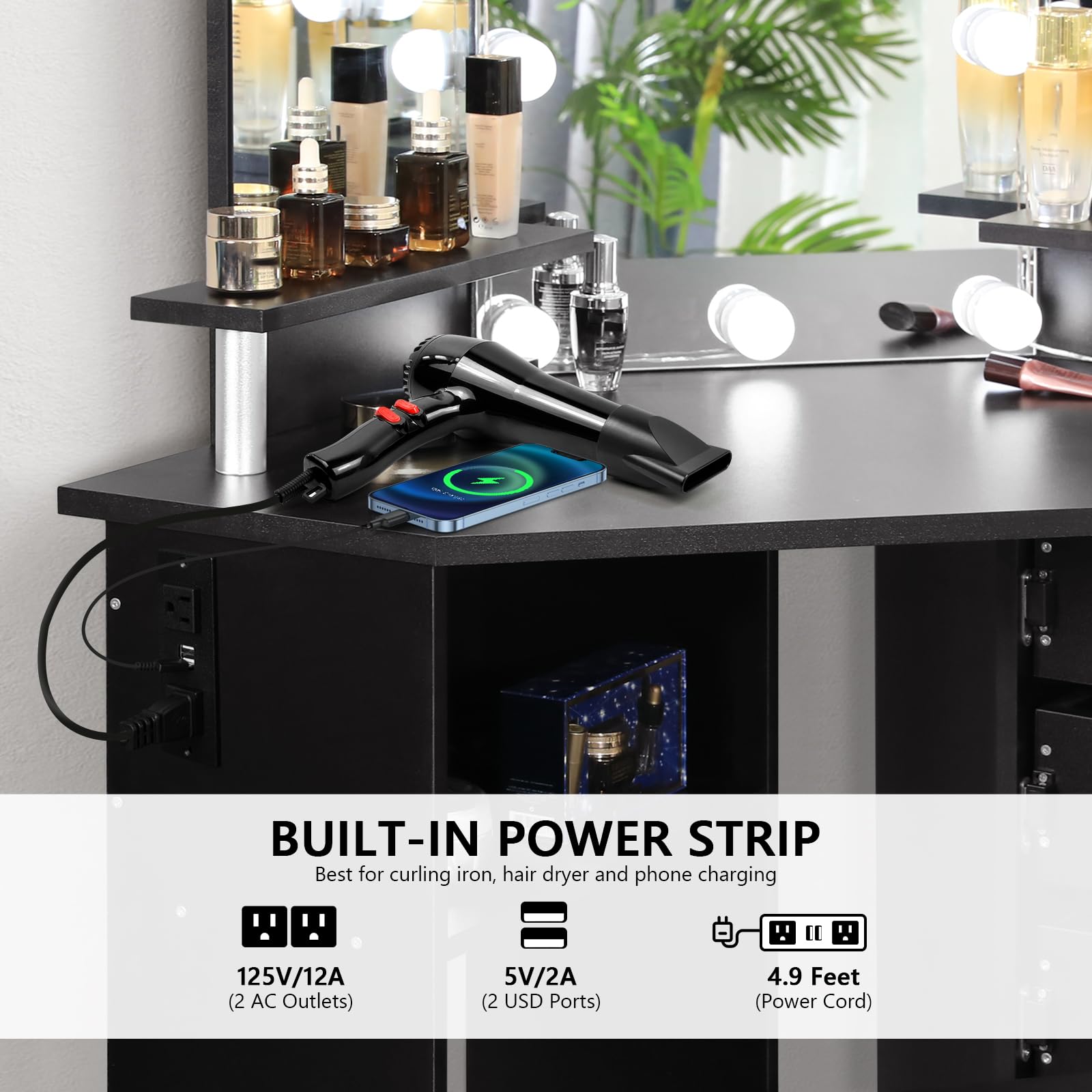 VOWNER Lighted Makeup Vanity Desk with Power Outlet - Adjustable 3-Color LED Mirror & 5 Rotating Drawers, Vanity Table with Stool & Shelves for Bedroom (Black) - Perfect for Beauty Routines & Small Space Organization
