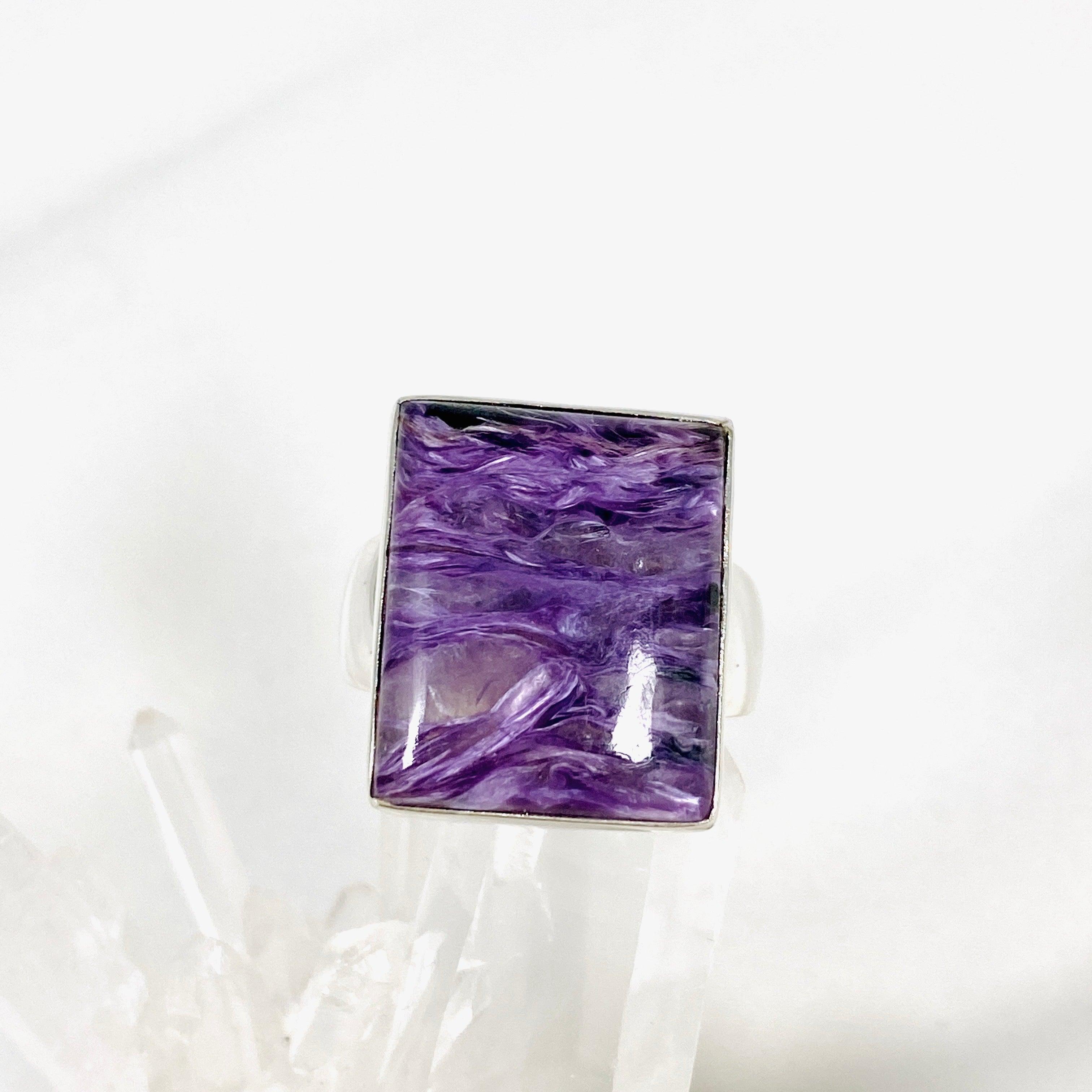 Charoite Silver Rectangular Ring for Women - Size 11 - KRGJ3046 - Elegant Purple Gemstone Jewelry for Everyday Wear & Special Occasions