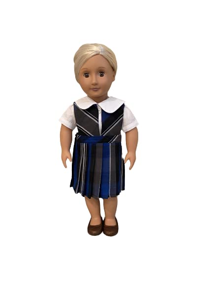 18 Inch American Doll Outfit - Blue, Gray & White Plaid Jumper Dress Set with Blouse & Hair Accessory (2 Styles) | School Uniform Costume for 18