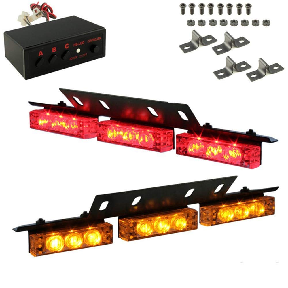 DIKAH 18 LED High Intensity Emergency Strobe Lights - Red/Amber Police Warning Lights for Dash Windshield - Perfect for Law Enforcement, Security Vehicles & Roadside Emergencies