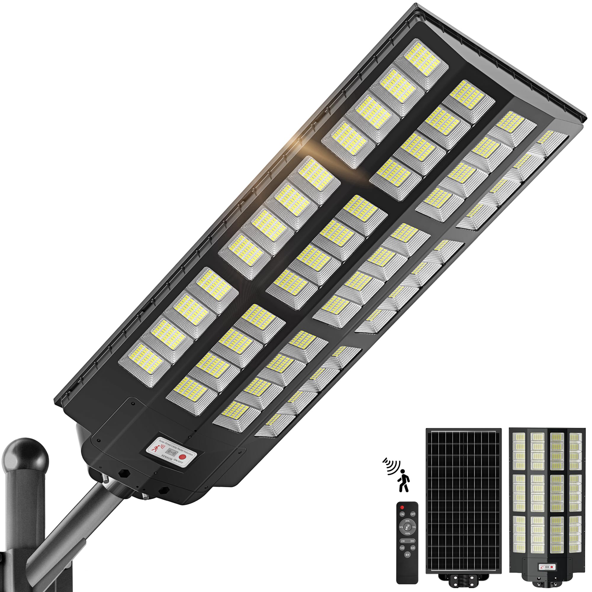 9800W Solar Street Lights Outdoor - Wide Angle Motion Sensor Solar Lights for Commercial Parking Lots, 7000K LED Street Light with Dusk to Dawn & IP66 Waterproof, Remote Control Included - Perfect for Pathways, Driveways, and Security Lighting
