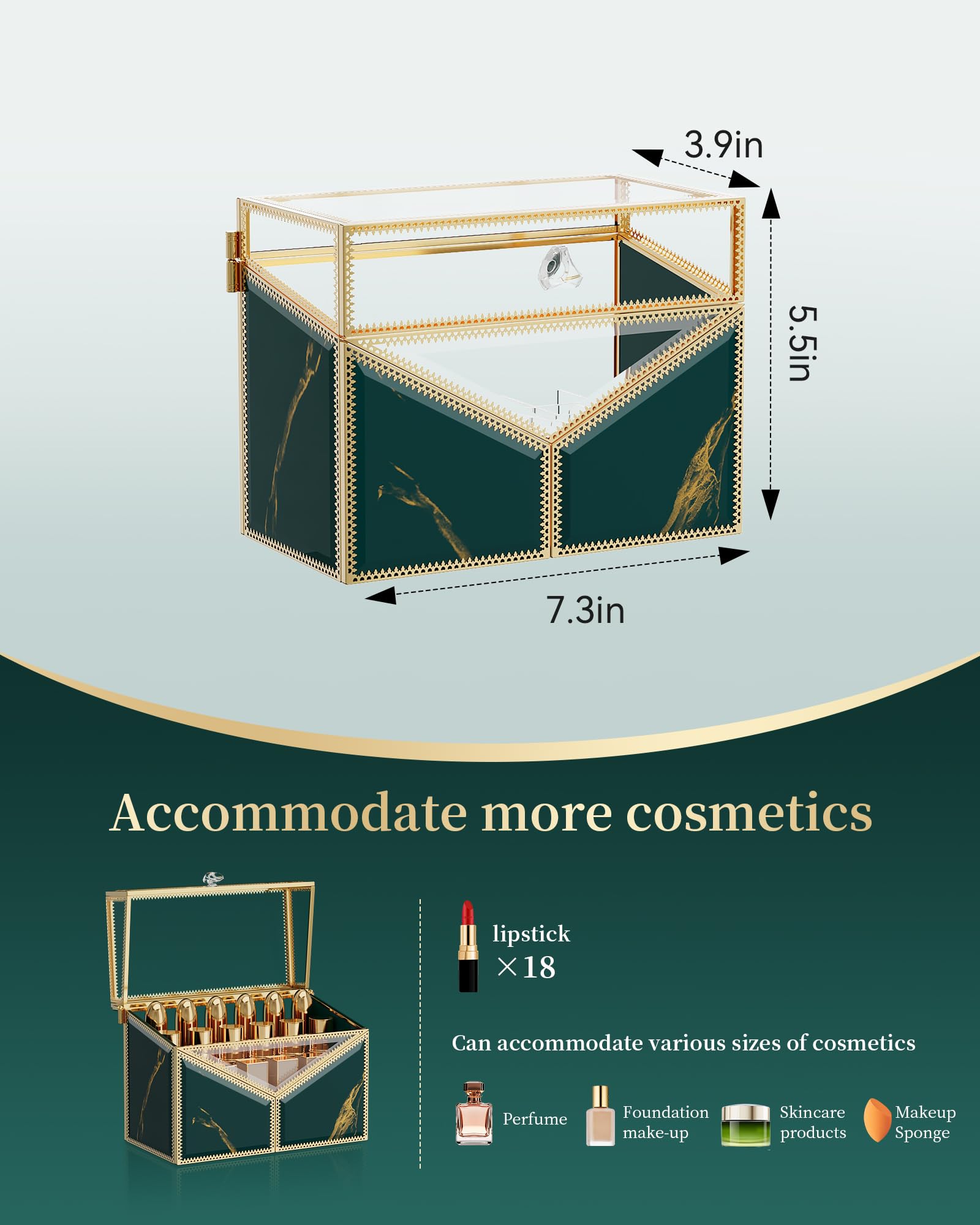 Premium Lipstick Organizer - 18-Slot Tempered Glass Cosmetic Holder for Lipsticks & Nail Polishes | Luxury Vanity Storage with Removable Dividers | Perfect for Makeup Counter, Bathroom & Dressing Table Organization (Green)