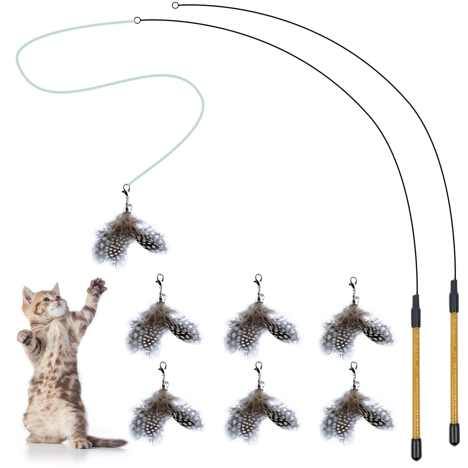 Interactive Cat Feather Wand Toy Set - 2PCS Elastic Wands & 7PCS Feather Refills for Indoor Kittens | Fun Chase Play for Active Cats | Perfect Cat Toys for Exercise & Bonding