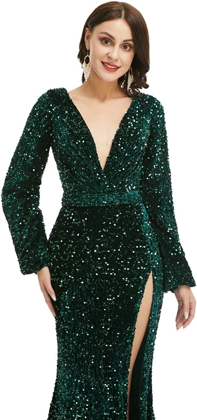 Sparkling Women's V-Neck Sequin Long Sleeve Prom Dress with High Slit - Elegant Mermaid Cocktail Gown for Wedding, Evening Party, Prom Night & Special Occasions
