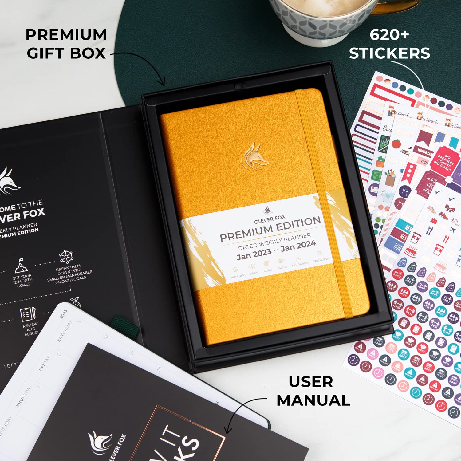 Clever Fox Premium Dated Planner 2025 - Weekly & Monthly Agenda Organizer for Time Management - Productivity Notebook with Habit Tracker, To-Do List & Goal Setting (Amber Yellow) - Perfect for Students, Professionals & Busy Moms