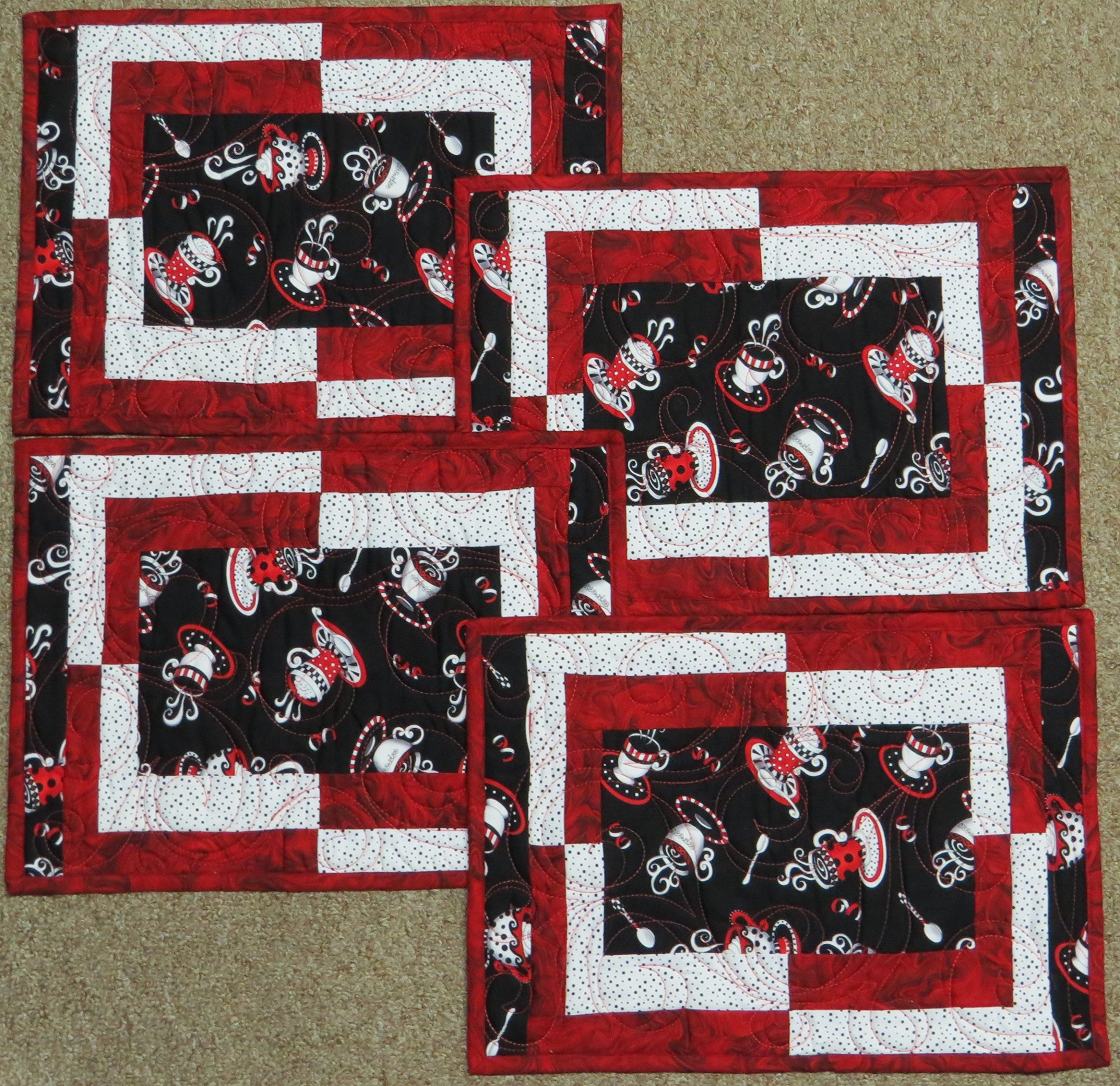 Premium Red and Black Coffee Placemats Set of 4 - Non-Slip Heat Resistant Table Mats for Kitchen, Dining Room, and Office Use