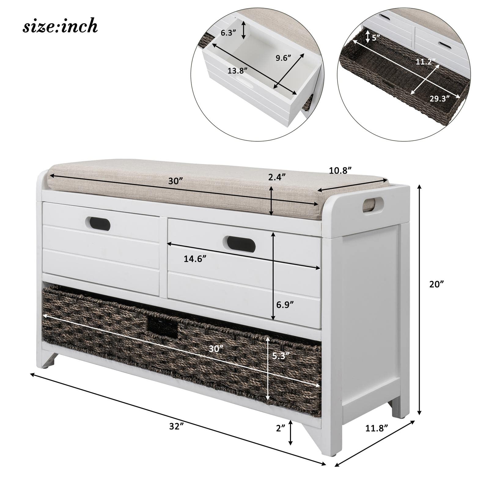 JINS&VICO Entryway Storage Bench with Removable Basket & 2 Drawers, Shoe Bench with Cushion for Hallway, Living Room - White (Ready-to-Use, Perfect for Small Spaces & Home Organization)