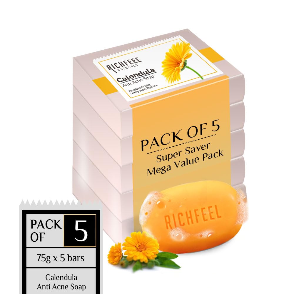 Richfeel Calendula Anti-Acne Brightening Soap for Men & Women - TFM Grade 1 Soap for Oily Skin, Fades Dark Spots & Gentle Exfoliation - 75g (Pack of 5) | Perfect for Daily Face & Body Wash to Treat Acne & Brighten Skin