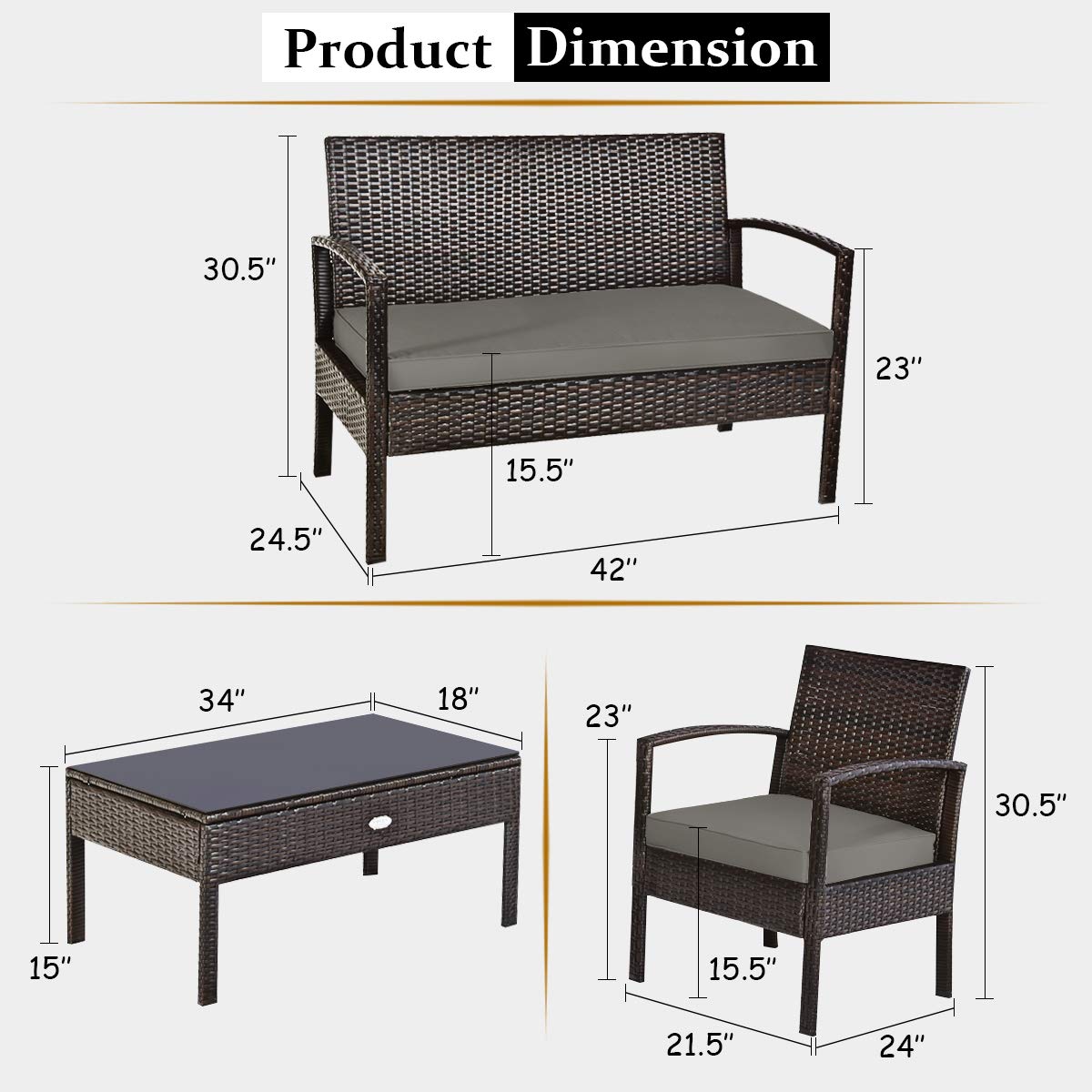 HappyGrill 4-Piece Outdoor Patio Furniture Set - Rattan Wicker Loveseat Sofa with Cushions & Glass Top Coffee Table - Perfect for Garden, Poolside, Lawn, and Backyard Relaxation