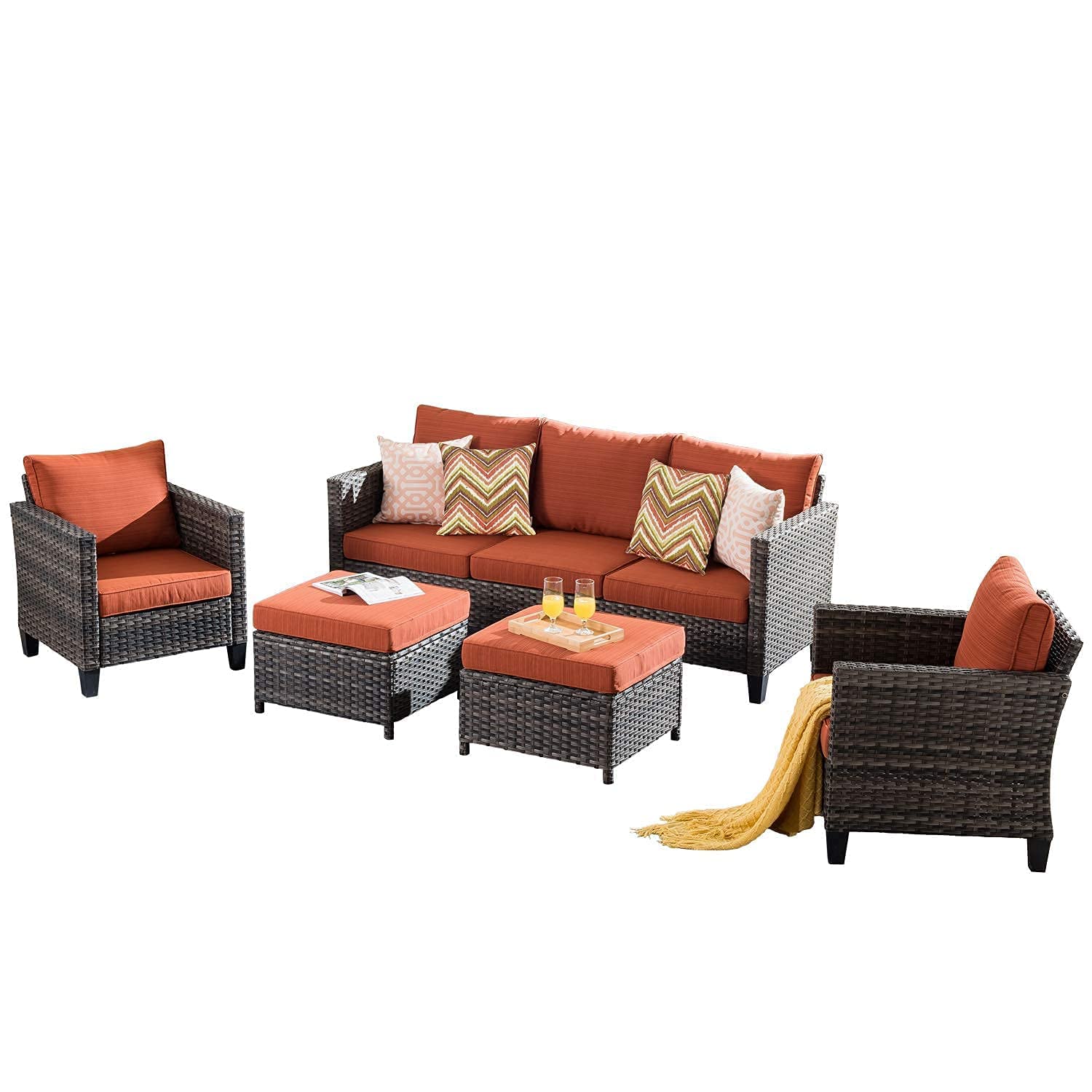 All-Weather 5-Piece Orange Red Wicker Rattan Patio Furniture Set - Outdoor Sectional Sofa with High Back for Yard, Backyard, Porch - Perfect for Lounging, Entertaining, and Relaxing Outdoors