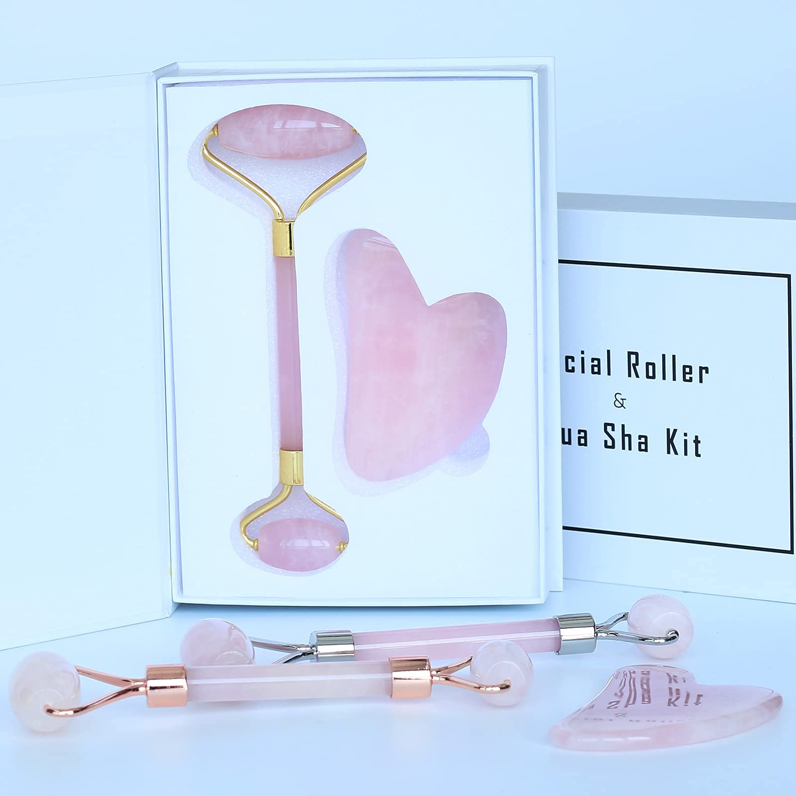 Natural Rose Quartz Jade Roller & Gua Sha Set - Facial Massage Tools for Skin Care, Anti-Aging & Lymphatic Drainage - Pink Beauty Roller for Face & Neck (Perfect for Daily Skincare Routine & Relaxation)