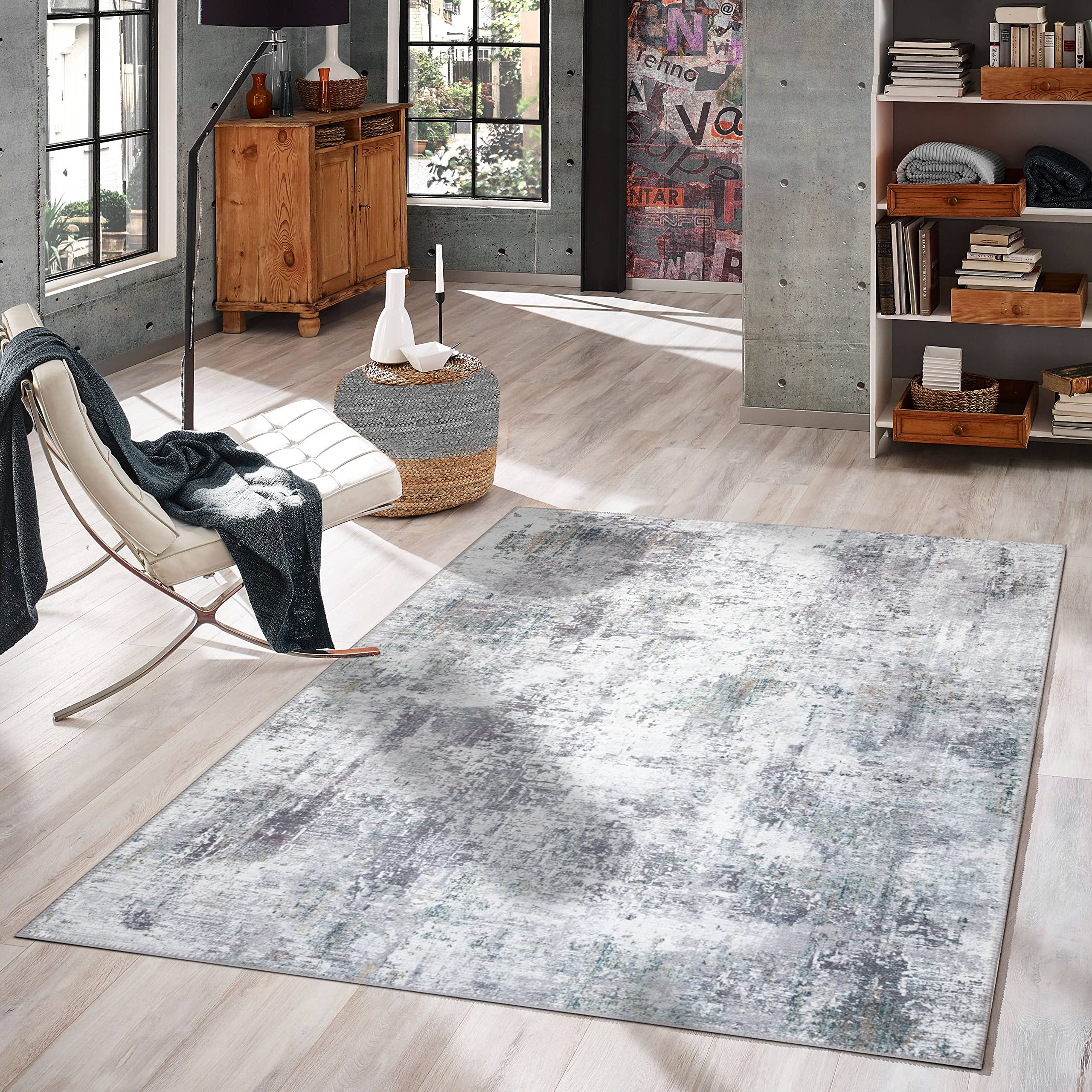 GLN Rugs Contemporary Collection - Machine Washable Modern Area Rug 5'x7' Gray | Non-Slip Abstract Design for Living Room, Bedroom & Bathroom | Easy-Clean Home Decor for High Traffic Areas