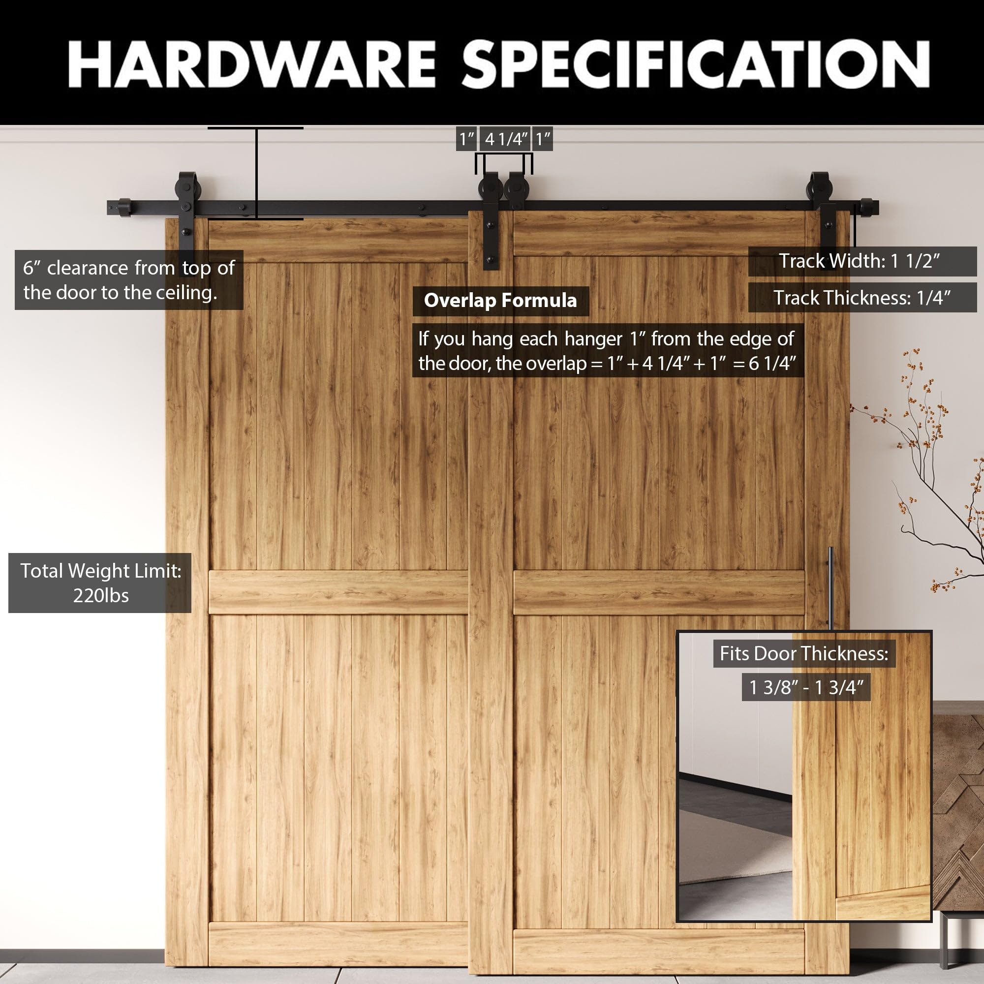 Homacer Black Rustic Single Track Bypass Sliding Barn Door Hardware Kit - 11ft Flat Track for Double Doors with Classic Roller Design | Perfect for Farmhouse, Loft & Interior Room Dividers