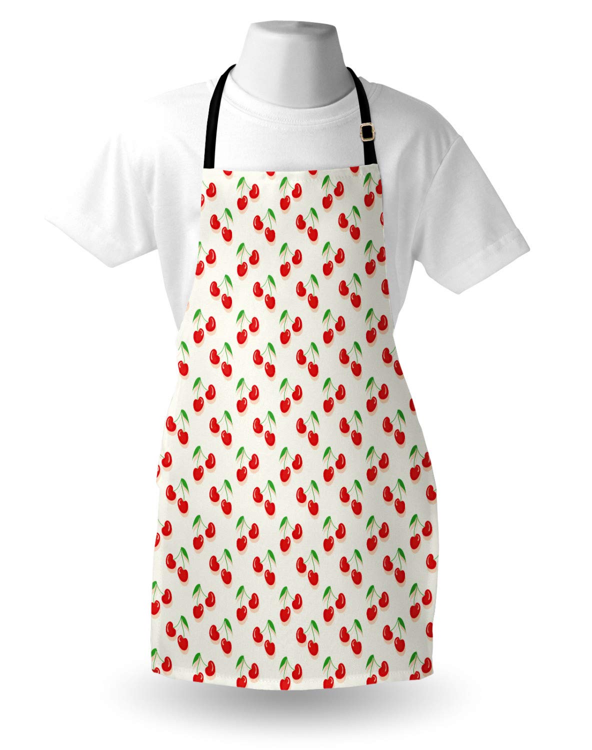 Ambesonne Cherry Apron - Unisex Kitchen Bib with Adjustable Neck for Cooking & Gardening - Summer Fruit Pattern with Cartoon Cherries & Leaves on Plain Backdrop - Adult Size in Vermilion, Green & Ivory - Perfect for BBQ, Baking & Outdoor Activities