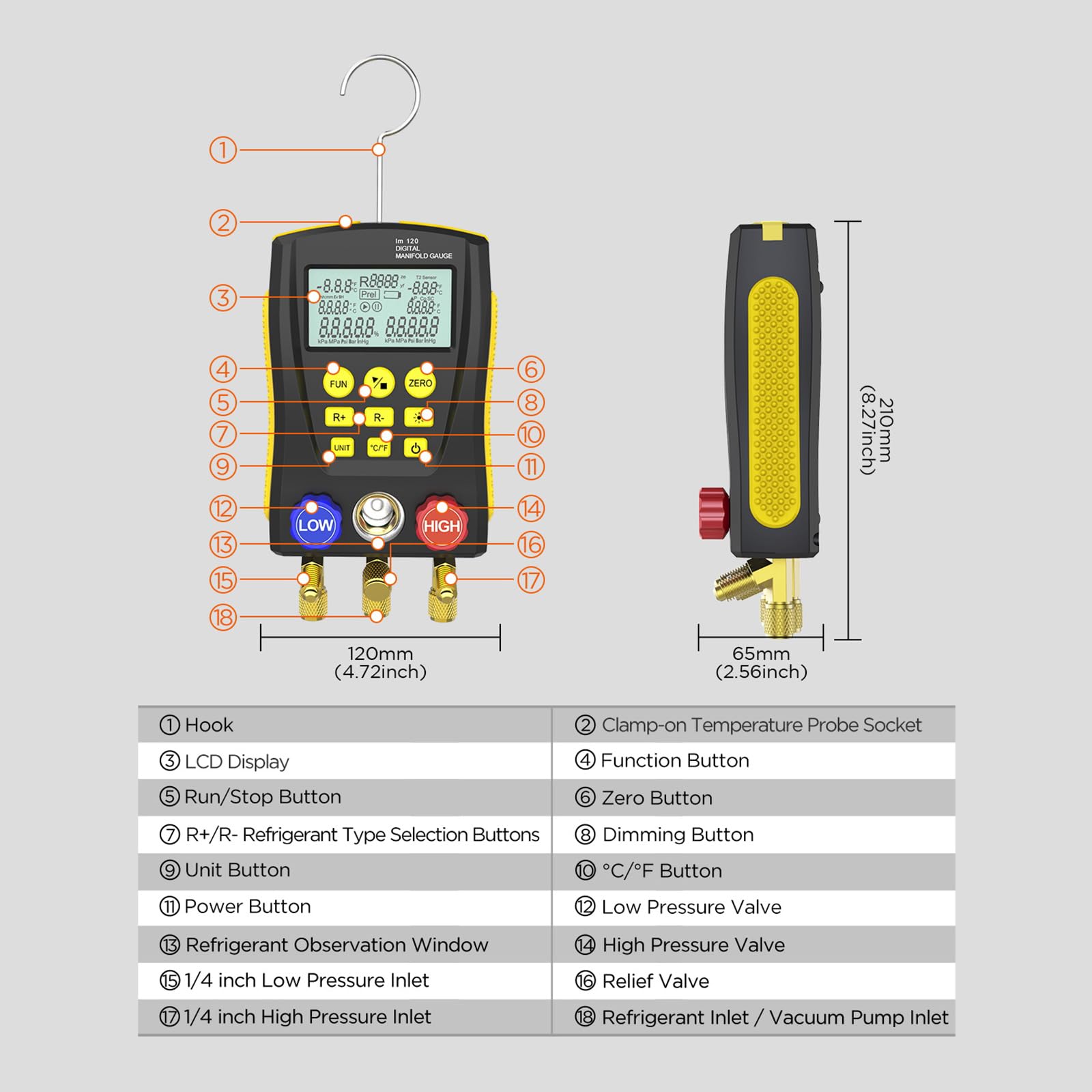 QPKING Digital Manifold Gauge Set - HVAC Refrigeration Pressure Temperature Tester with 3 Hoses & Built-in 89 Database - Professional LM120 Leak Detection Kit for AC Repair, Refrigerant Charging and HVAC System Maintenance