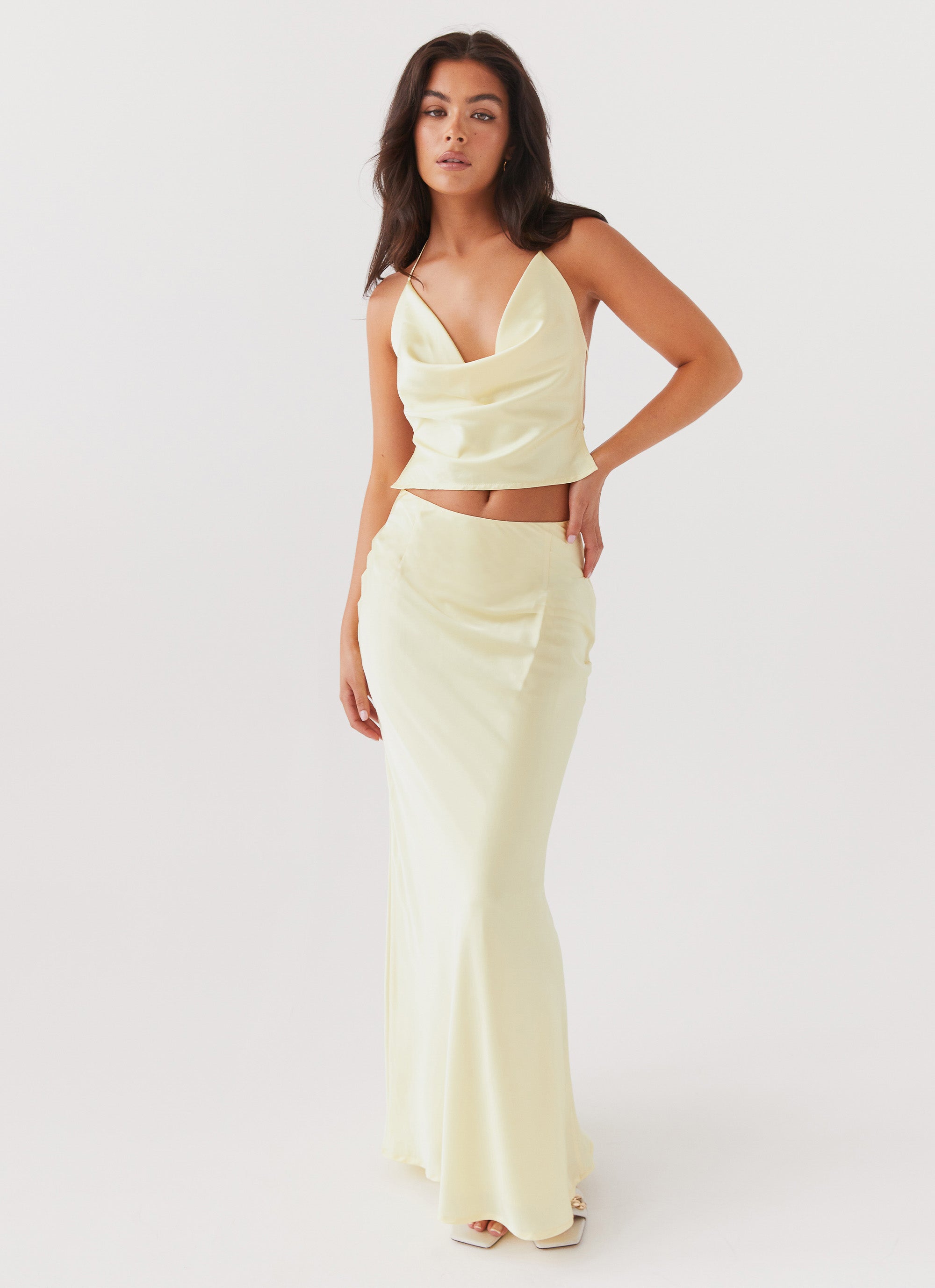 Ivanna Women's Satin Maxi Skirt - Elegant Lemon Yellow Flowy Long Skirt for Summer, Beach, Party & Special Occasions