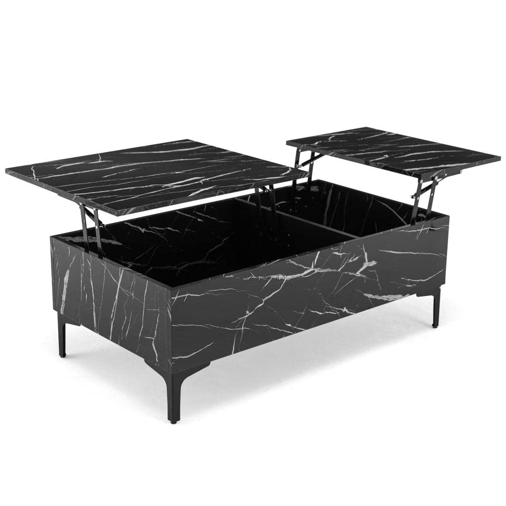 COSVALVE Lift Top Coffee Table with Hidden Storage, Marble Surface 2-Side Lift Tabletop - Modern Black Lift-Top Dining Table & Work Desk for Living Room, Home Office, Reception Area | Space-Saving Multi-Functional Furniture for Small Apartments & Studios