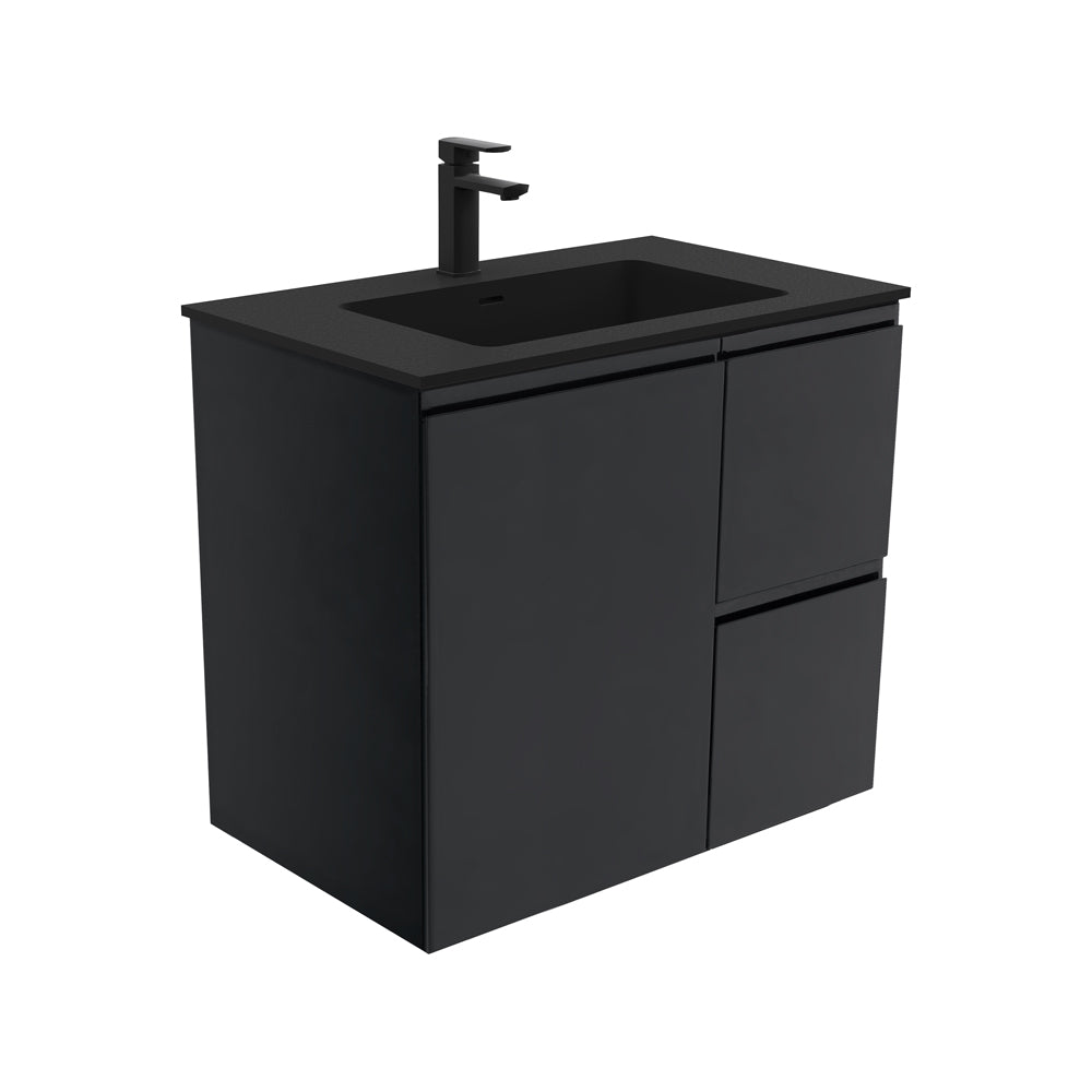 Fienza MON75ZR Montana 30-Inch Wall Mounted Bathroom Vanity with Fingerpull Drawers in Satin Black - Right Side Configuration for Modern Bathroom Design