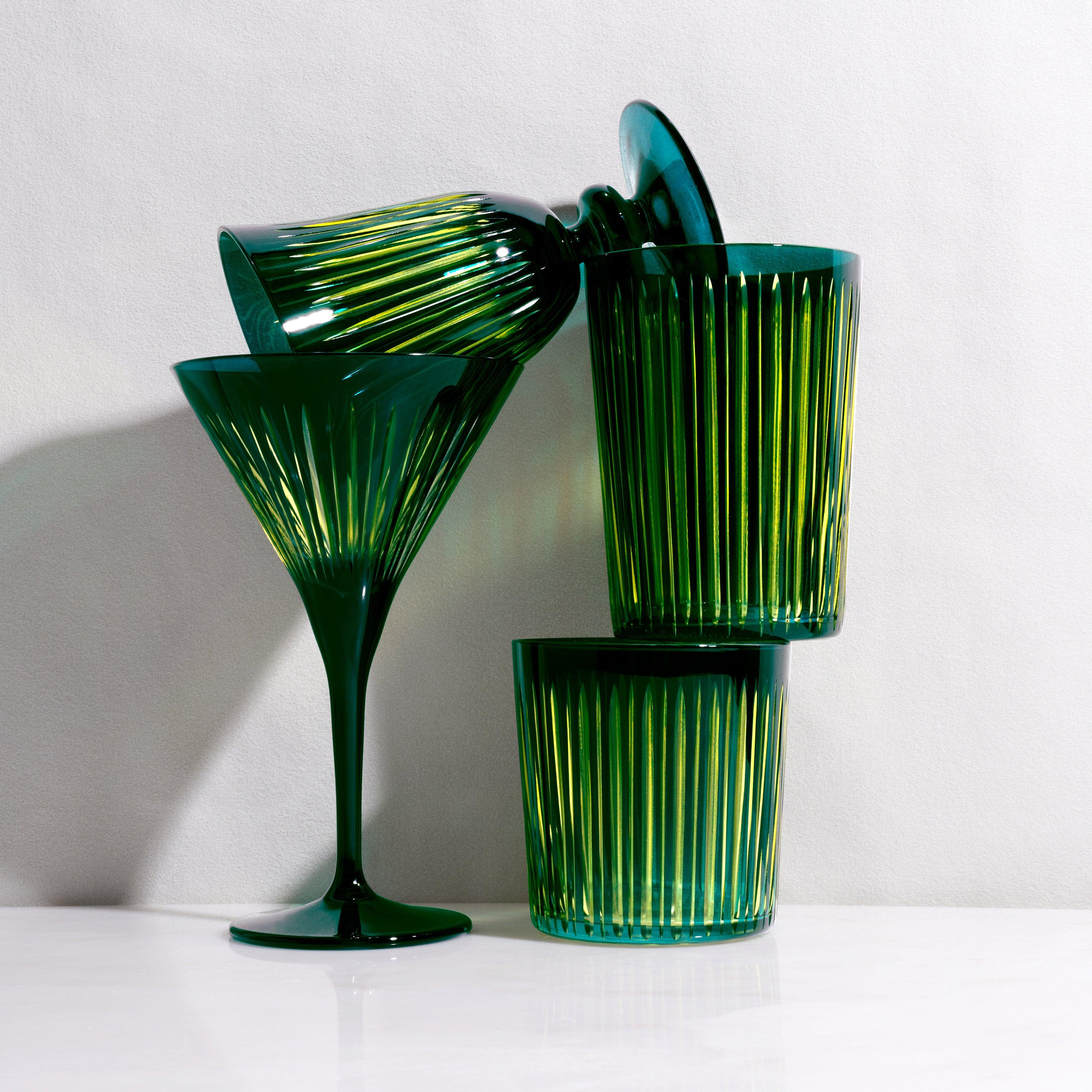 Premium Green Prism Double Old Fashioned Glasses - Set of 4 Crystal Whiskey Glasses for Cocktails, Bourbon & Scotch - Perfect for Home Bars, Parties & Gifts