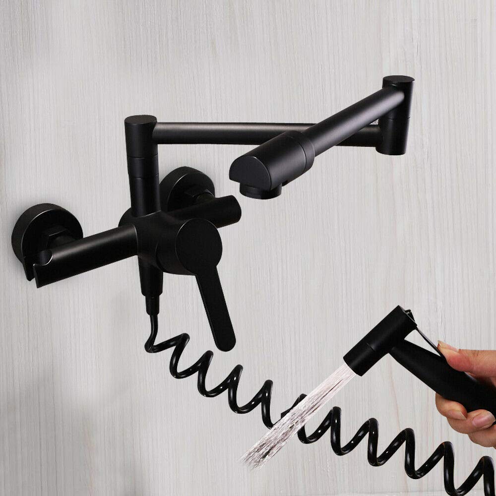 Modern Matte Black Wall-Mount Pot Filler Kitchen Faucet - Hot & Cold Water with Retractable Sprayer, Single Handle Swing Arm Design in Solid Brass - Perfect for Soup Stations, Pasta Cooking & Large Pot Filling