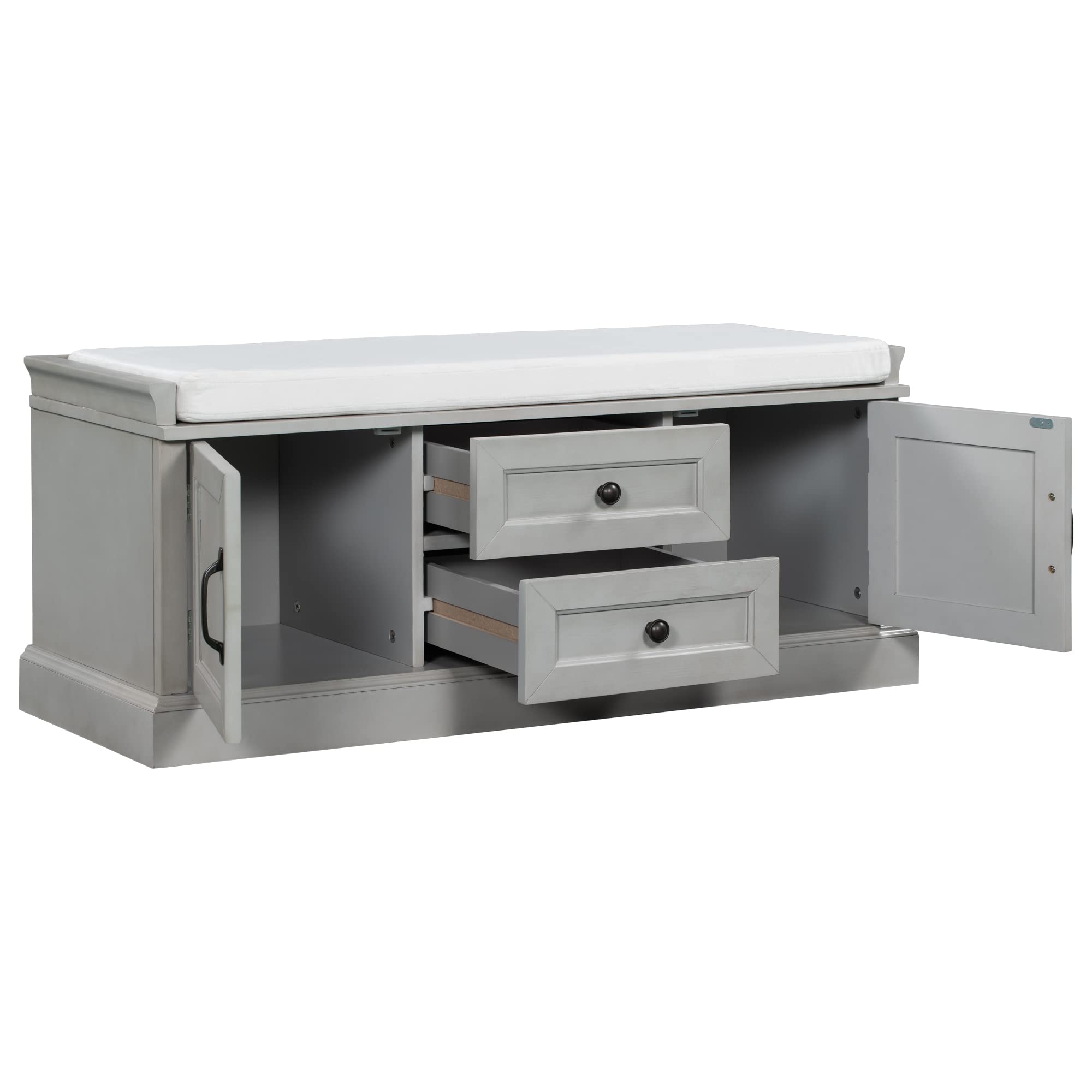 Merax 2-Drawer 2-Cabinet Storage Bench with Removable Cushion - Shoe Organizer for Entryway, Living Room & Bedroom (Gray Wash) - Perfect for Small Space Organization & Home Decor