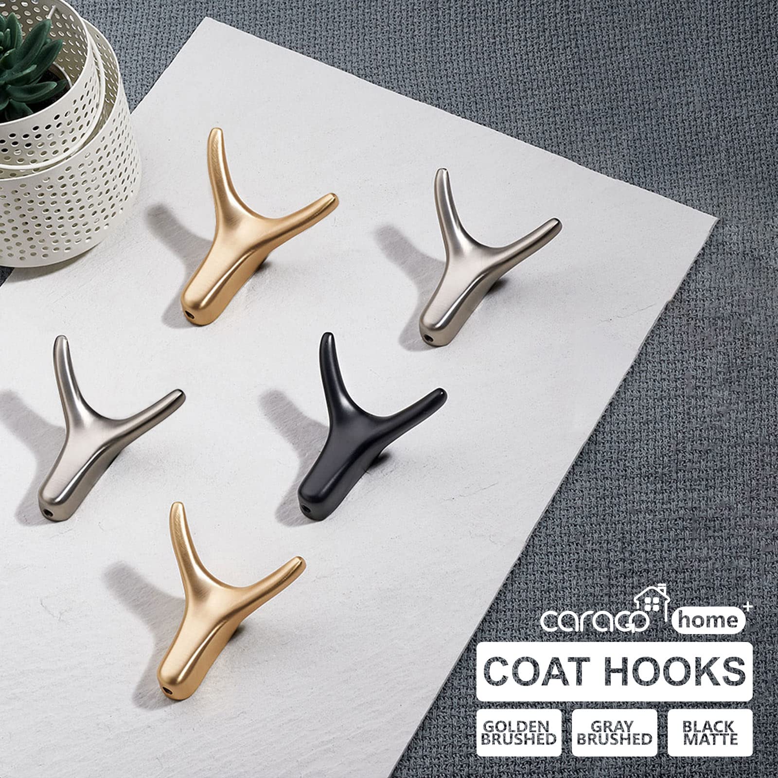 CARAGO 3-Pack Heavy Duty Metal Wall Hooks - Brushed Gray Coat & Towel Hooks for Bathroom, Kitchen, Living Room - Perfect for Hanging Clothes, Hats, Bags, Towels - Ideal for Home, Office & Dorm Organization