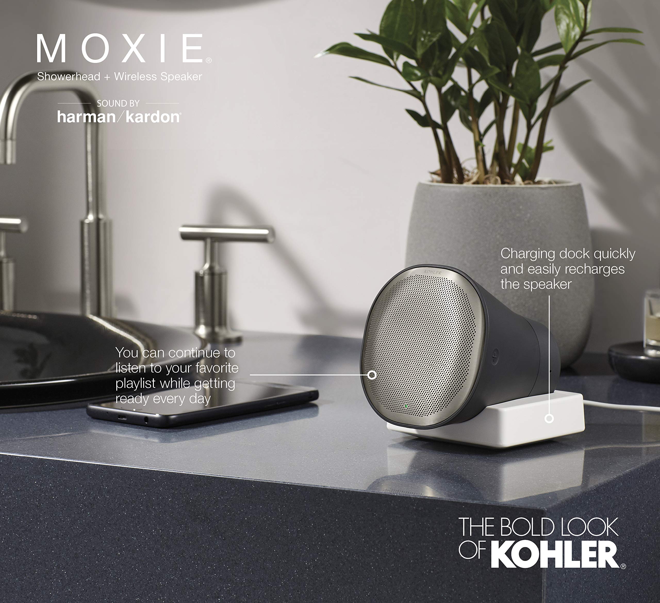 MOXIE® 1.75 GPM Bluetooth Showerhead - High Pressure Water Saving Shower Head with Wireless Speaker - Modern Bathroom Upgrade for Spa-Like Shower Experience & Music Therapy - Perfect for Relaxation, Morning Routine, Home Spa Days and Small Bathrooms