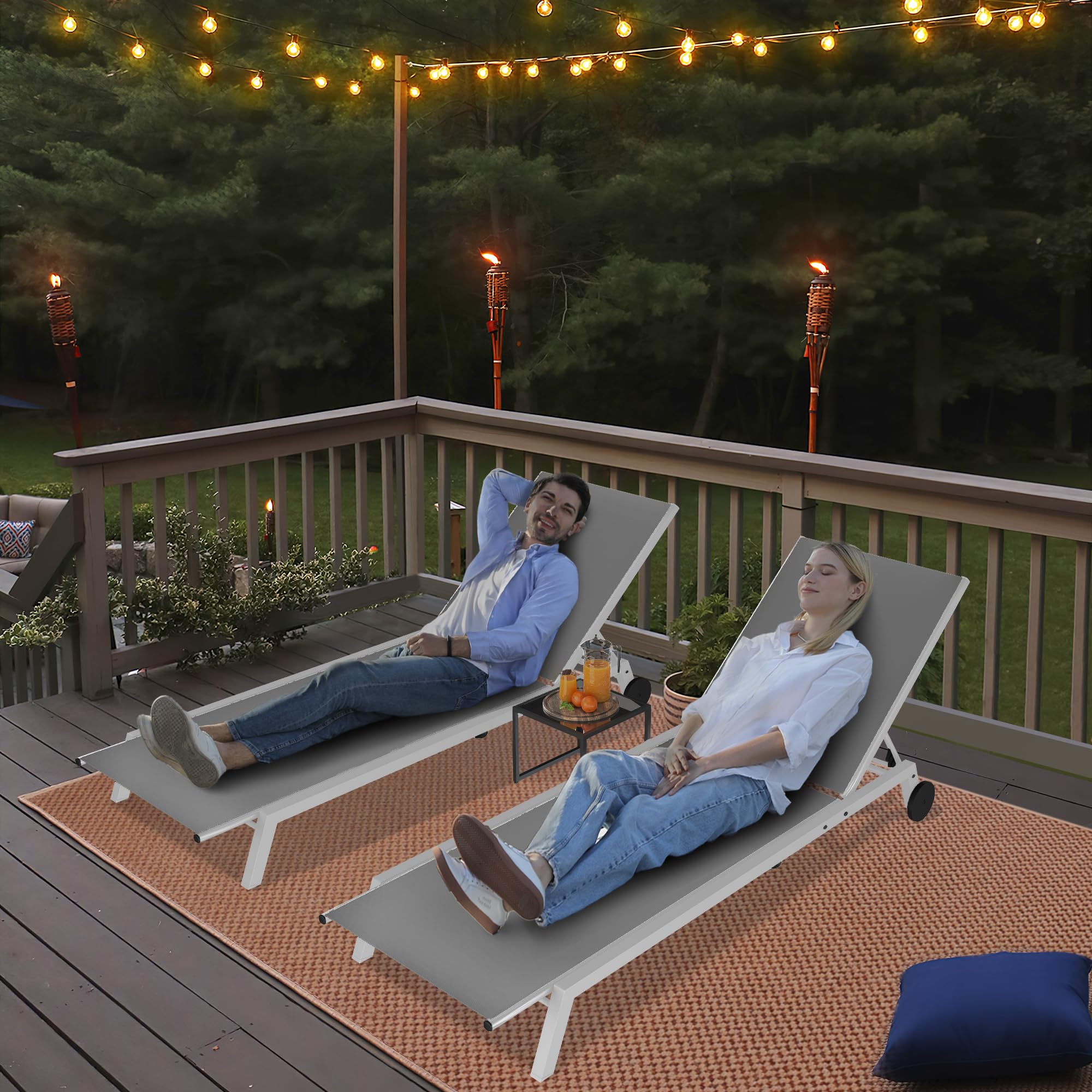 YITAHOME 3-Piece Patio Chaise Lounge Set with Adjustable Backrest & Wheels - Light Grey Outdoor Lounge Chairs with Side Table for Pool, Beach, Patio, Lawn & Porch Relaxation